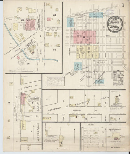 Sanborn Fire Insurance Map from Bryan, Williams County, Ohio (1884), Sheet #0001 - Historic Sanborn Fire Insurance Map Print, vintage old map wall art, antique decor, genealogy gift, Ohio Ohio map