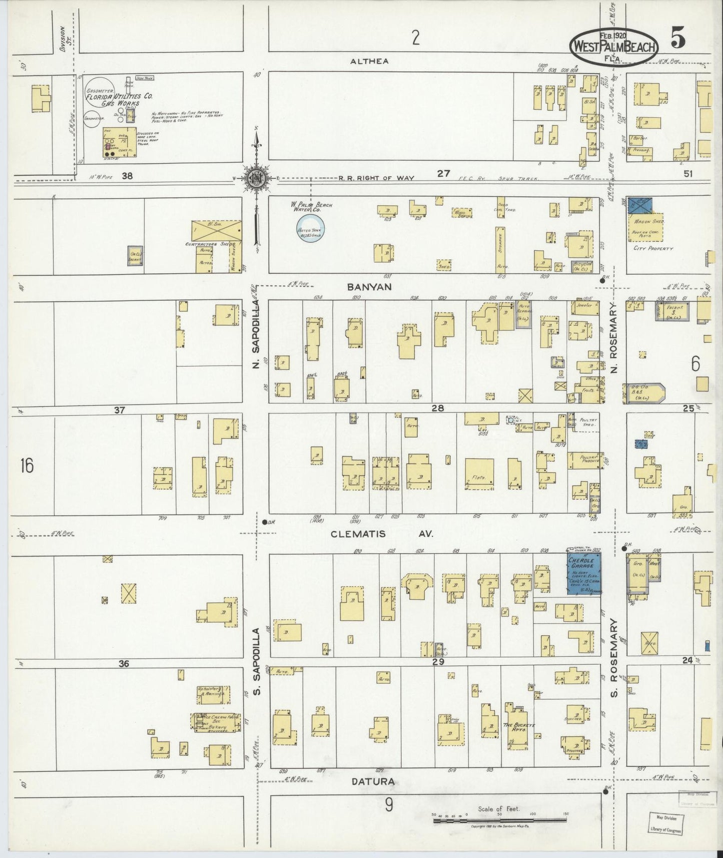 Sanborn Fire Insurance Map from West Palm Beach, Dade County, Florida (1920), Sheet #0005 - Complete Map Set gallery image, historic Sanborn map, vintage wall art, Florida Florida