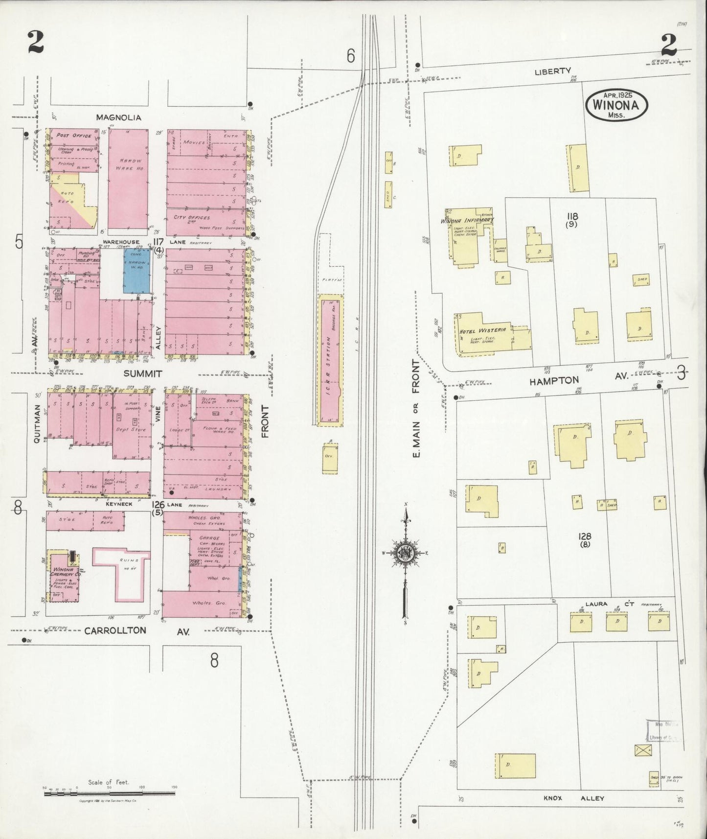 Sanborn Fire Insurance Map from Winona, Montgomery County, Mississippi (1925), Sheet #0002 - Complete Map Set gallery image, historic Sanborn map, vintage wall art, Mississippi Mississippi