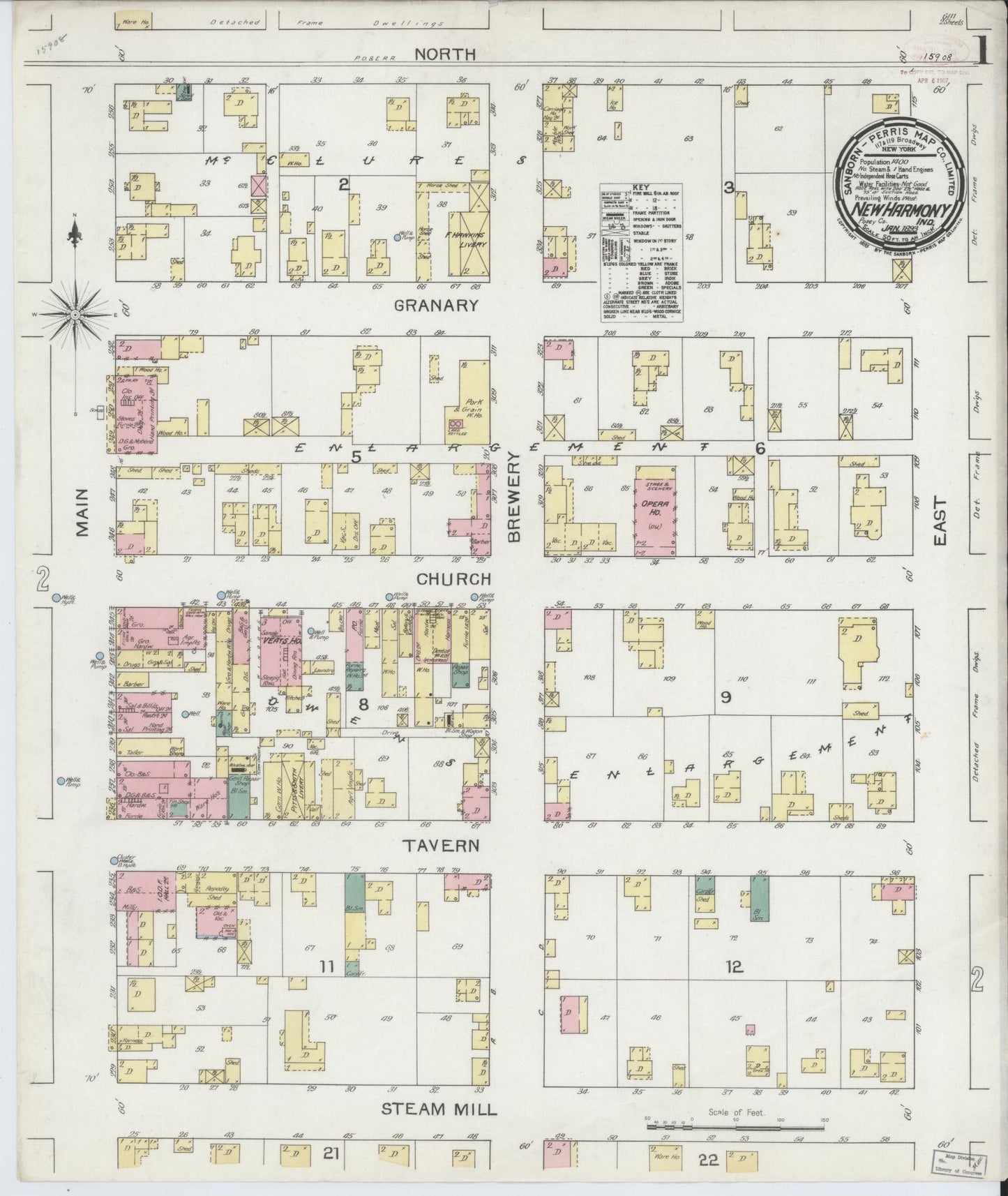 Sanborn Fire Insurance Map from New Harmony, Posey County, Indiana (1893), Sheet #0001 - Historic Sanborn Fire Insurance Map Print, vintage old map wall art, antique decor, genealogy gift, Indiana Indiana map