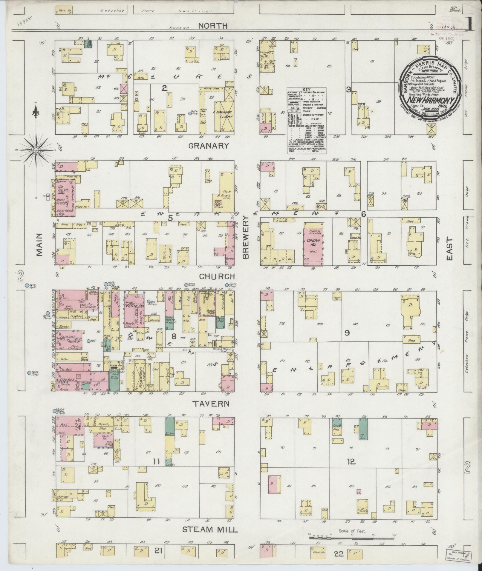 Sanborn Fire Insurance Map from New Harmony, Posey County, Indiana (1893), Sheet #0001 - Historic Sanborn Fire Insurance Map Print, vintage old map wall art, antique decor, genealogy gift, Indiana Indiana map