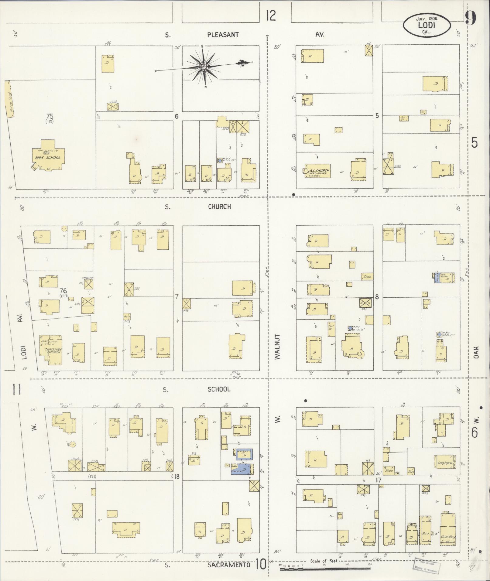 Sanborn Fire Insurance Map from Lodi, San Joaquin County, California (1908), Sheet #0009 - Historic Sanborn Fire Insurance Map Print, vintage old map wall art, antique decor, genealogy gift, California California map