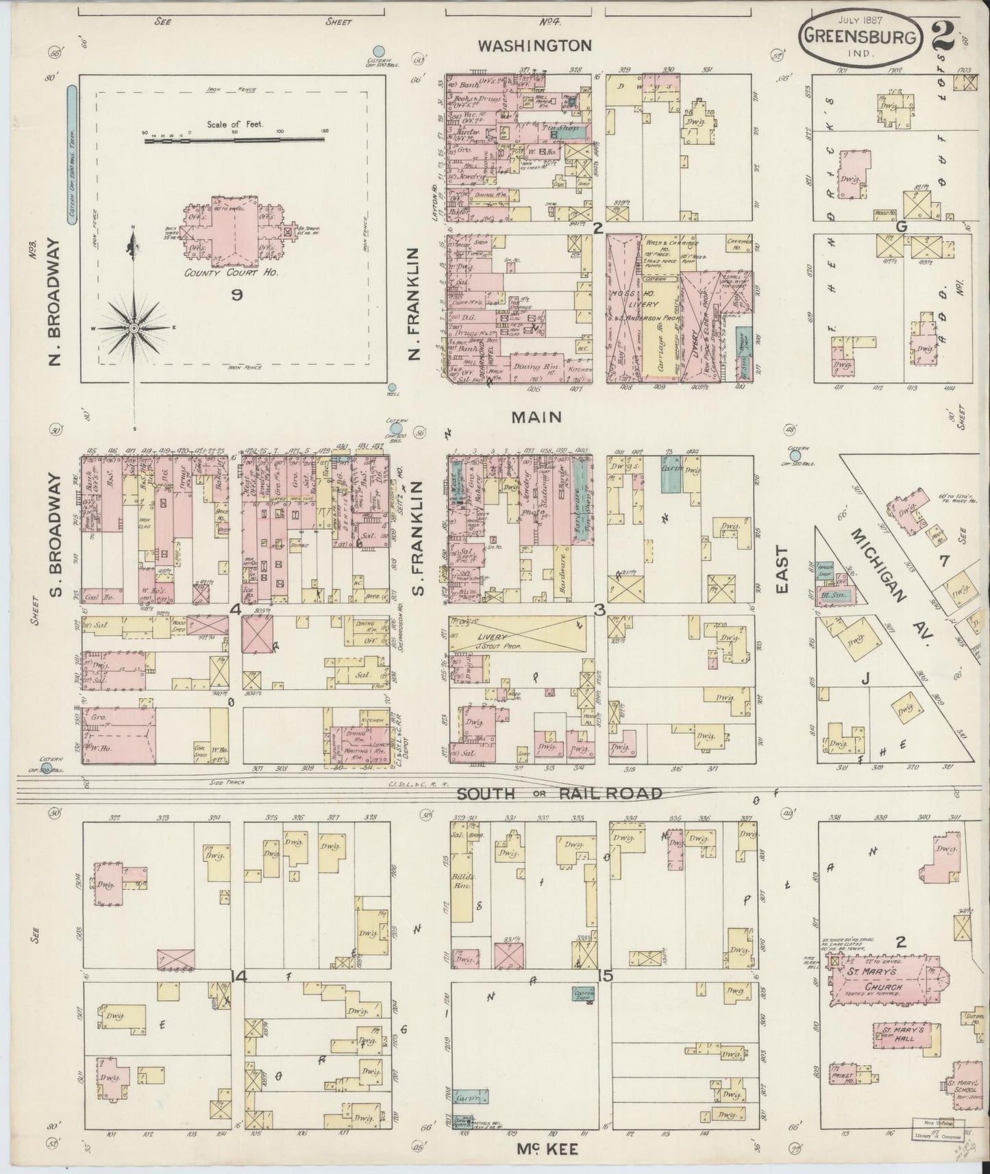 Sanborn Fire Insurance Map from Greensburg, Decatur County, Indiana (1887), Sheet #0002 - Historic Sanborn Fire Insurance Map Print, vintage old map wall art, antique decor, genealogy gift, Indiana Indiana map