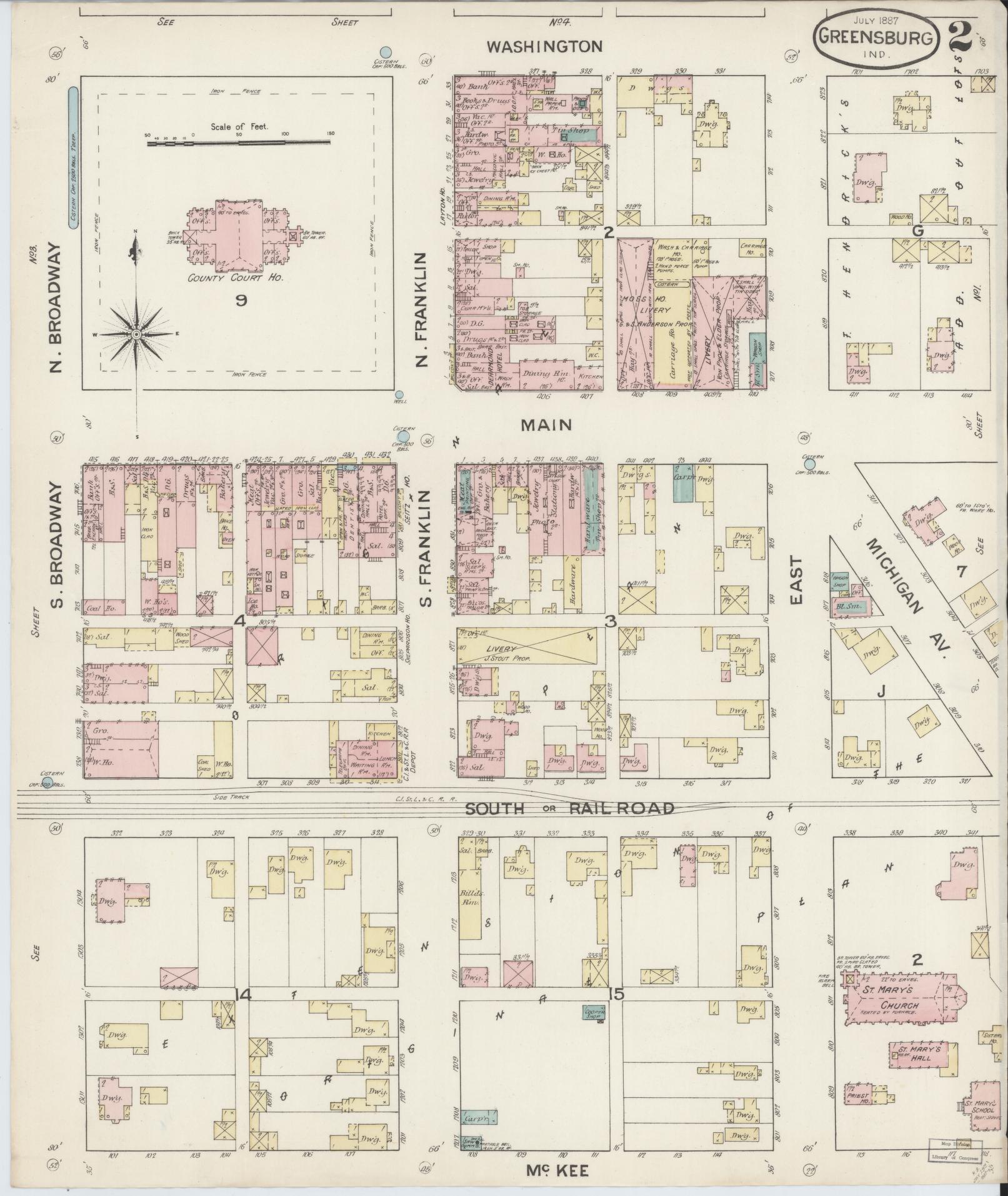 Sanborn Fire Insurance Map from Greensburg, Decatur County, Indiana (1887), Sheet #0002 - Historic Sanborn Fire Insurance Map Print, vintage old map wall art, antique decor, genealogy gift, Indiana Indiana map