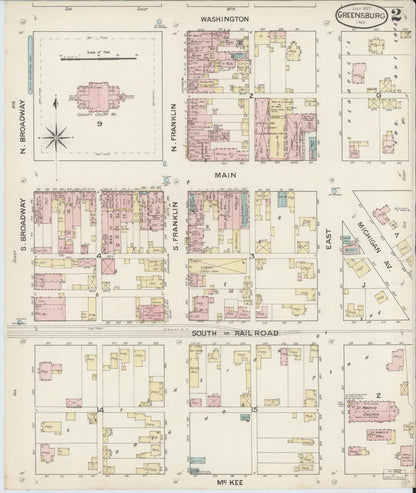 Sanborn Fire Insurance Map from Greensburg, Decatur County, Indiana (1887), Sheet #0002 - Historic Sanborn Fire Insurance Map Print, vintage old map wall art, antique decor, genealogy gift, Indiana Indiana map