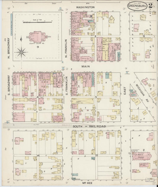 Sanborn Fire Insurance Map from Greensburg, Decatur County, Indiana (1887), Sheet #0002 - Historic Sanborn Fire Insurance Map Print, vintage old map wall art, antique decor, genealogy gift, Indiana Indiana map