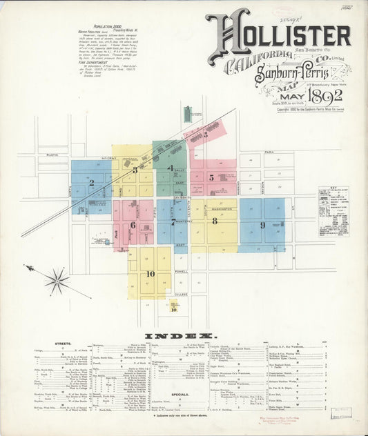Sanborn Fire Insurance Map from Hollister, San Benito County, California (1892), Sheet #0001 - Historic Sanborn Fire Insurance Map Print, vintage old map wall art, antique decor, genealogy gift, California California map