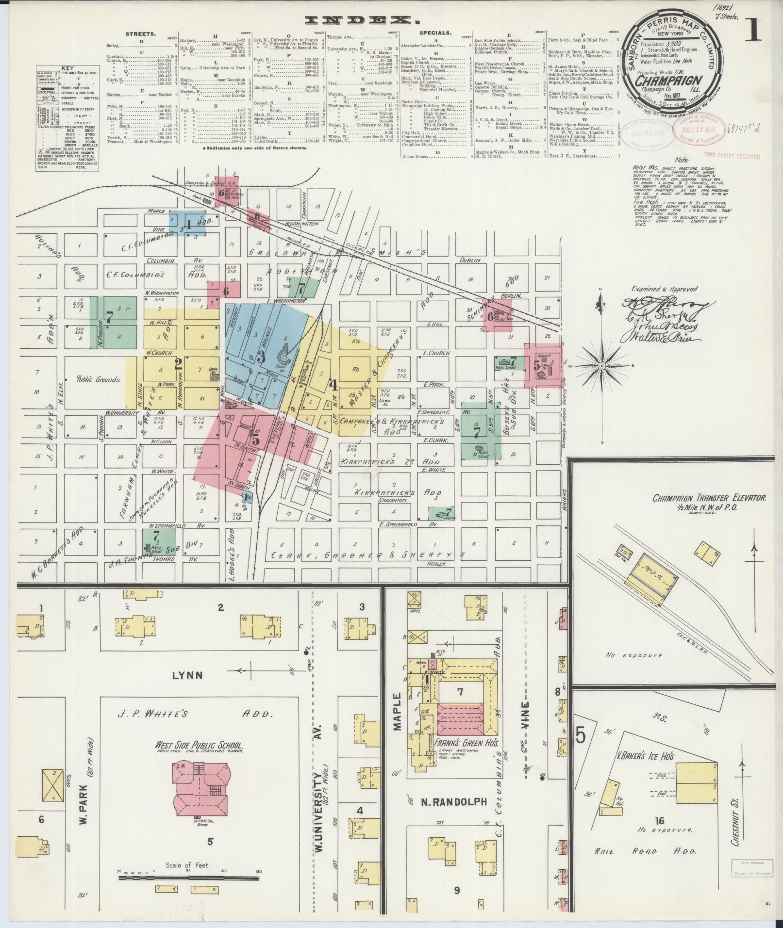 Sanborn Fire Insurance Map from Champaign, Champaign County, Illinois (1897), Sheet #0001 - Historic Sanborn Fire Insurance Map Print, vintage old map wall art, antique decor, genealogy gift, Illinois Illinois map
