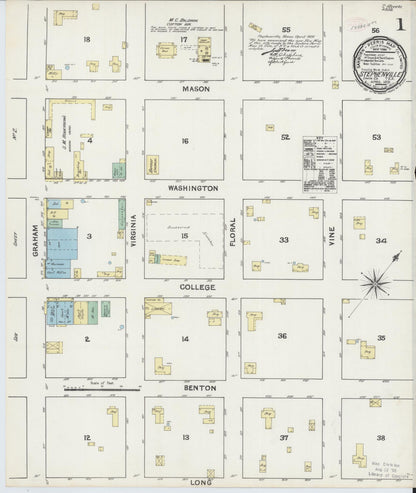 Sanborn Fire Insurance Map from Stephenville, Erath County, Texas (1891), Sheet #0001 - Complete Map Set gallery image, historic Sanborn map, vintage wall art, Texas Texas