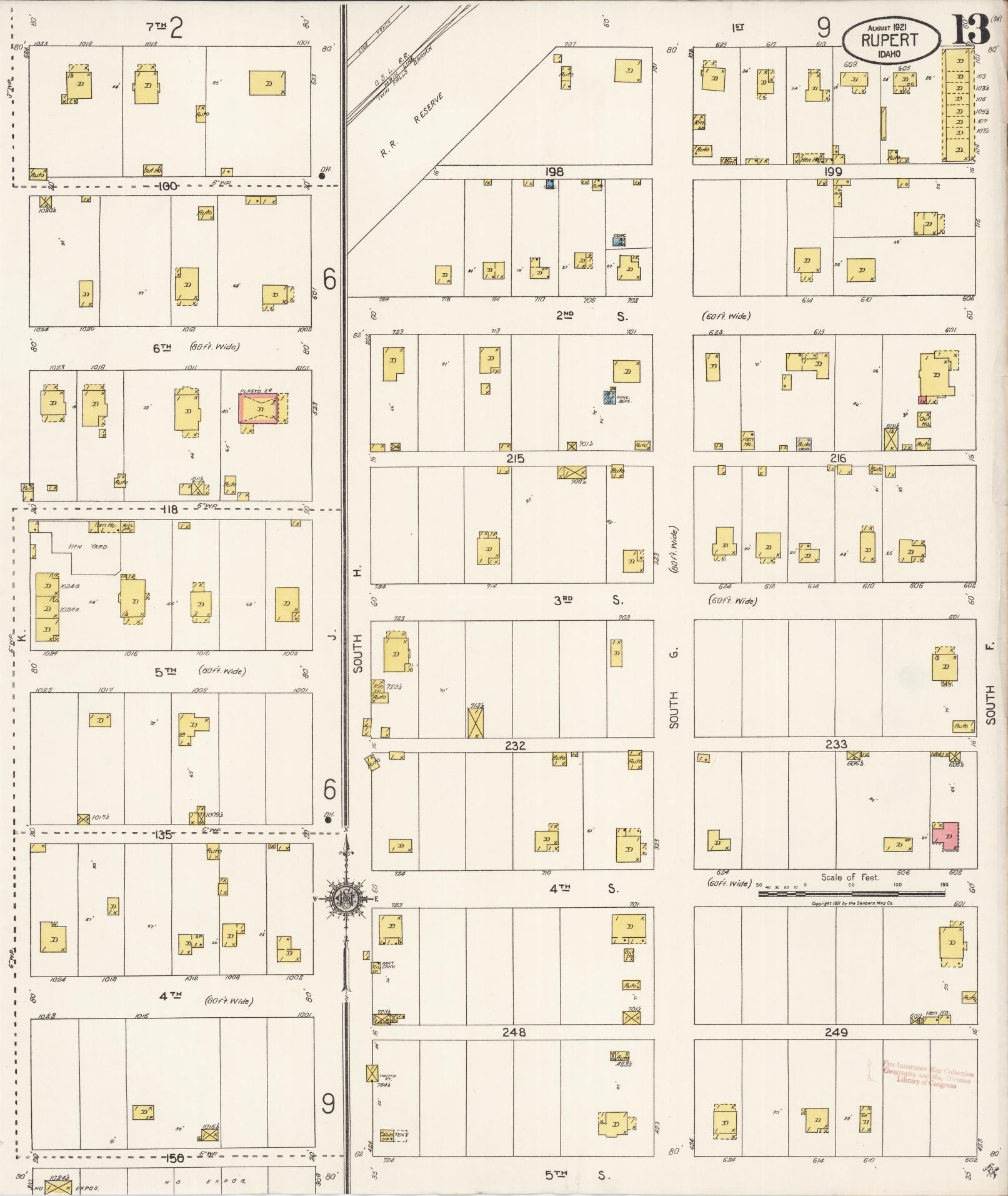 Sanborn Fire Insurance Map from Rupert, Minidoka County, Idaho (1921), Sheet #0013 - Historic Sanborn Fire Insurance Map Print, vintage old map wall art, antique decor, genealogy gift, Idaho Idaho map