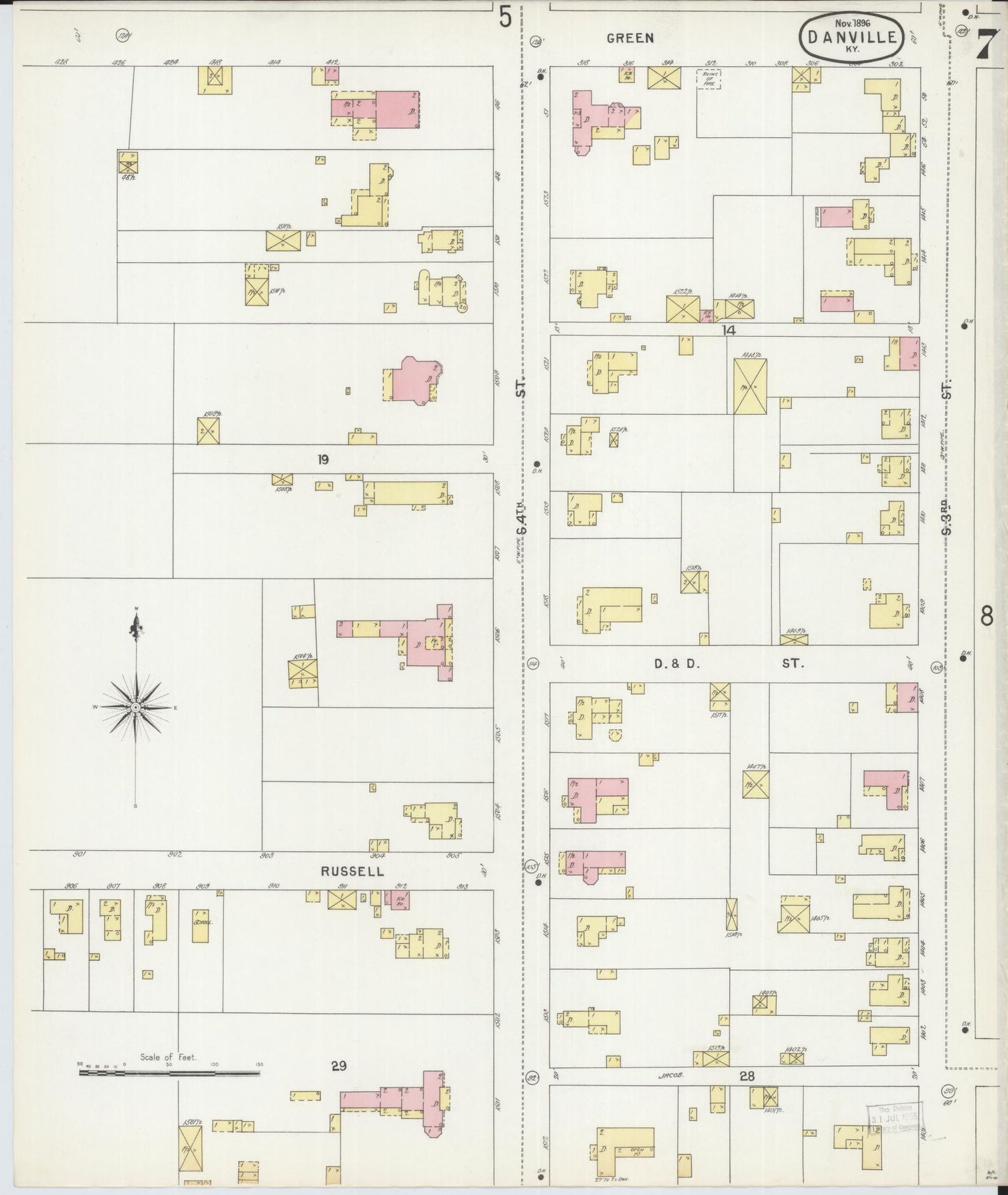Sanborn Fire Insurance Map from Danville, Boyle County, Kentucky (1896), Sheet #0007 - Historic Sanborn Fire Insurance Map Print, vintage old map wall art, antique decor, genealogy gift, Kentucky Kentucky map