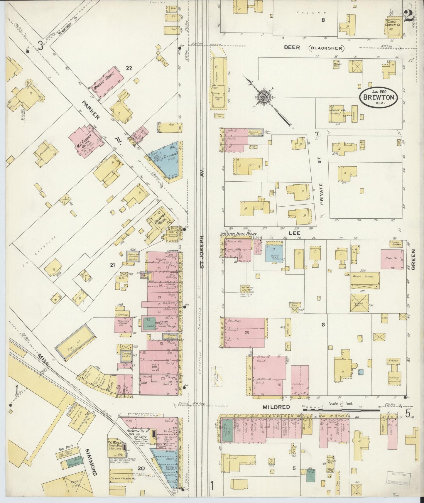 Sanborn Fire Insurance Map from Brewton, Escambia County, Alabama (1910), Sheet #0002 - Complete Map Set gallery image, historic Sanborn map, vintage wall art, Alabama Alabama