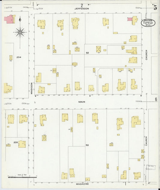Sanborn Fire Insurance Map from Tupelo, Lee County, Mississippi (1909), Sheet #0005 - Historic Sanborn Fire Insurance Map Print, vintage old map wall art, antique decor, genealogy gift, Mississippi Mississippi map