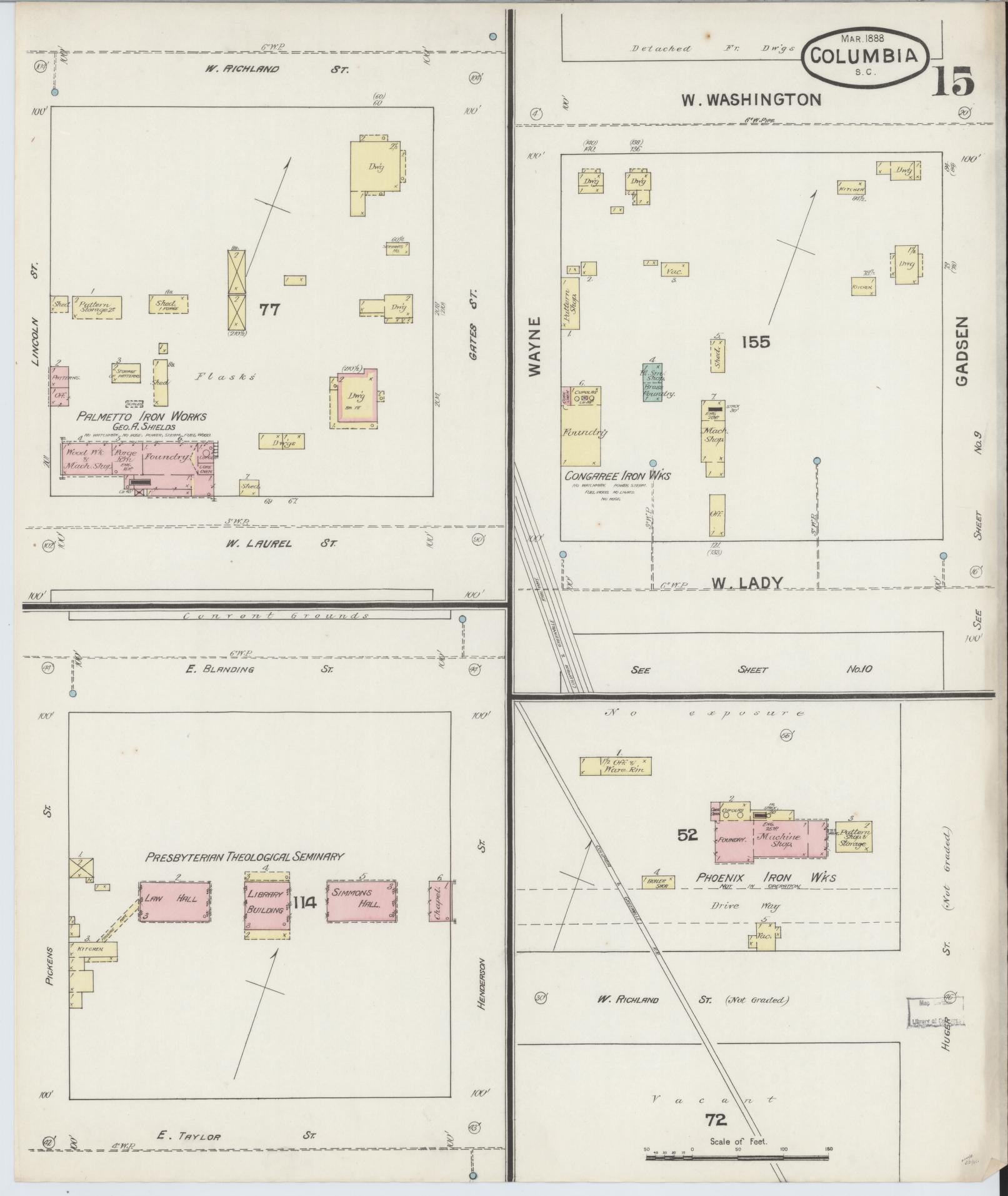 Sanborn Fire Insurance Map from Columbia, Richland County, South Carolina (1888), Sheet #0015 - Complete Map Set gallery image, historic Sanborn map, vintage wall art, South Carolina South Carolina