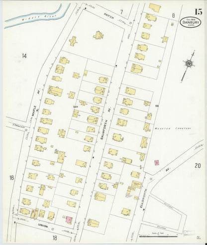 Sanborn Fire Insurance Map from Danbury, Fairfield County, Connecticut (1909), Sheet #0015 - Complete Map Set gallery image, historic Sanborn map, vintage wall art, Connecticut Connecticut