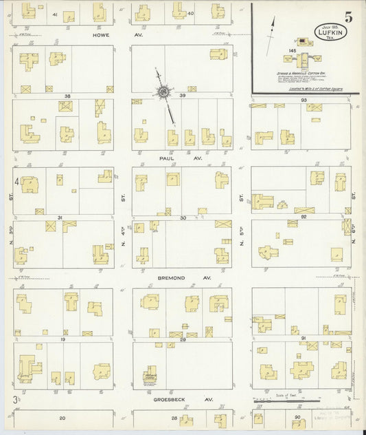 Sanborn Fire Insurance Map from Lufkin, Angelina County, Texas (1915), Sheet #0005 - Historic Sanborn Fire Insurance Map Print, vintage old map wall art, antique decor, genealogy gift, Texas Texas map