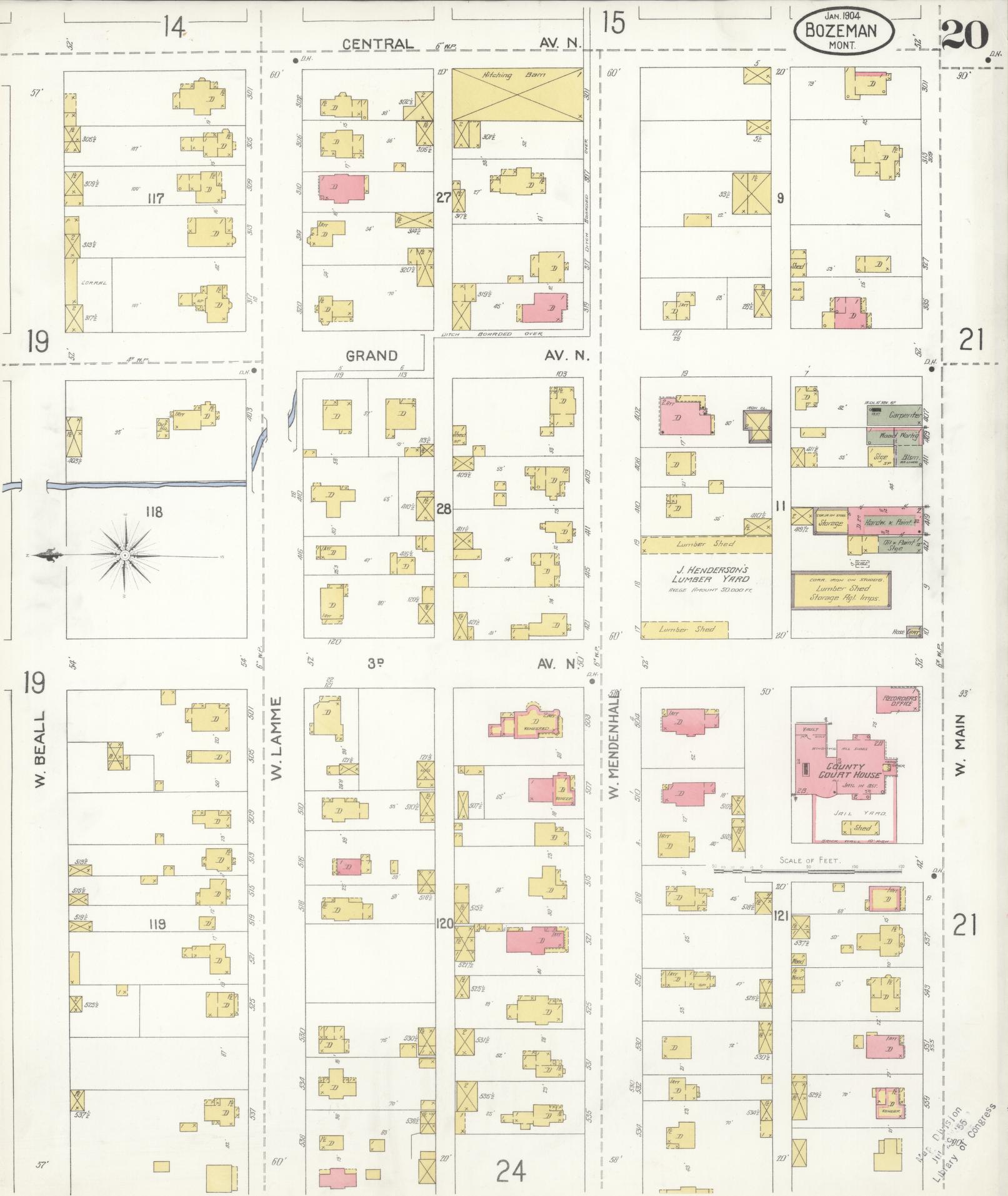 Sanborn Fire Insurance Map from Bozeman, Gallatin County, Montana (1904), Sheet #0020 - Complete Map Set gallery image, historic Sanborn map, vintage wall art, Montana Montana