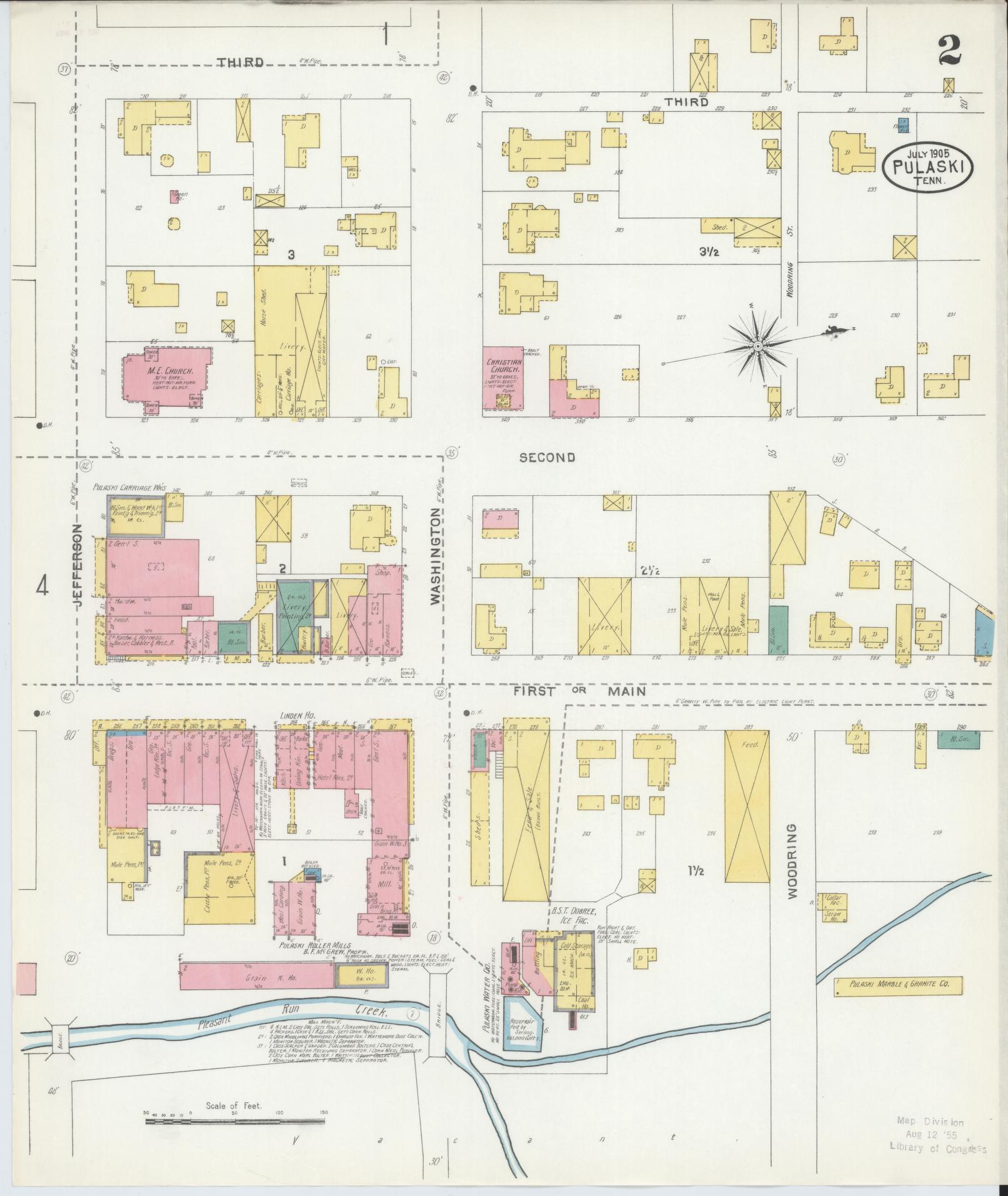 Sanborn Fire Insurance Map from Pulaski, Giles County, Tennessee (1905), Sheet #0002 - Complete Map Set gallery image, historic Sanborn map, vintage wall art, Tennessee Tennessee