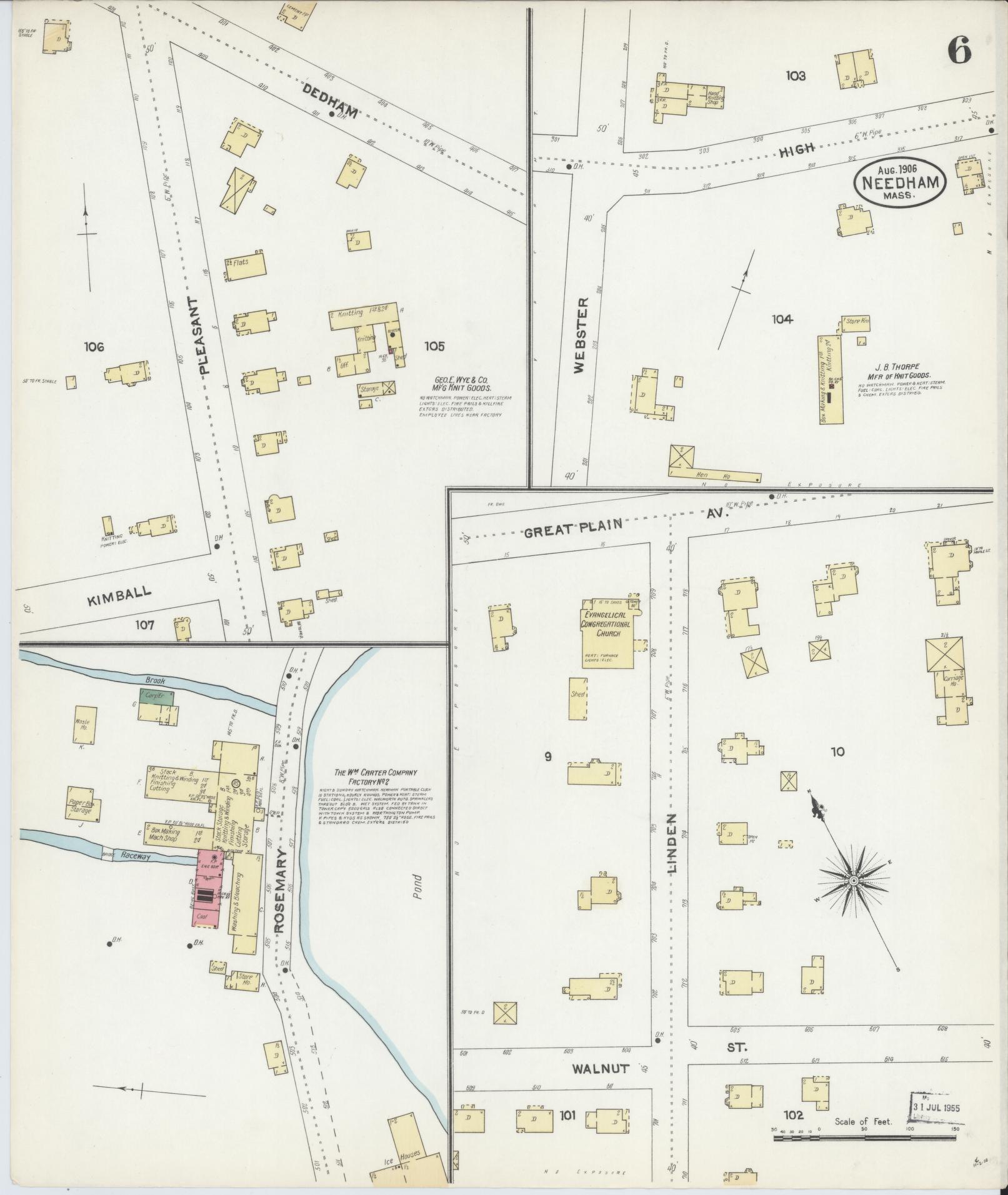 Sanborn Fire Insurance Map from Needham, Norfolk County, Massachusetts (1906), Sheet #0006 - Historic Sanborn Fire Insurance Map Print, vintage old map wall art, antique decor, genealogy gift, Massachusetts Massachusetts map