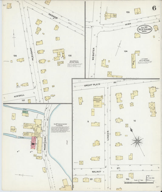 Sanborn Fire Insurance Map from Needham, Norfolk County, Massachusetts (1906), Sheet #0006 - Historic Sanborn Fire Insurance Map Print, vintage old map wall art, antique decor, genealogy gift, Massachusetts Massachusetts map