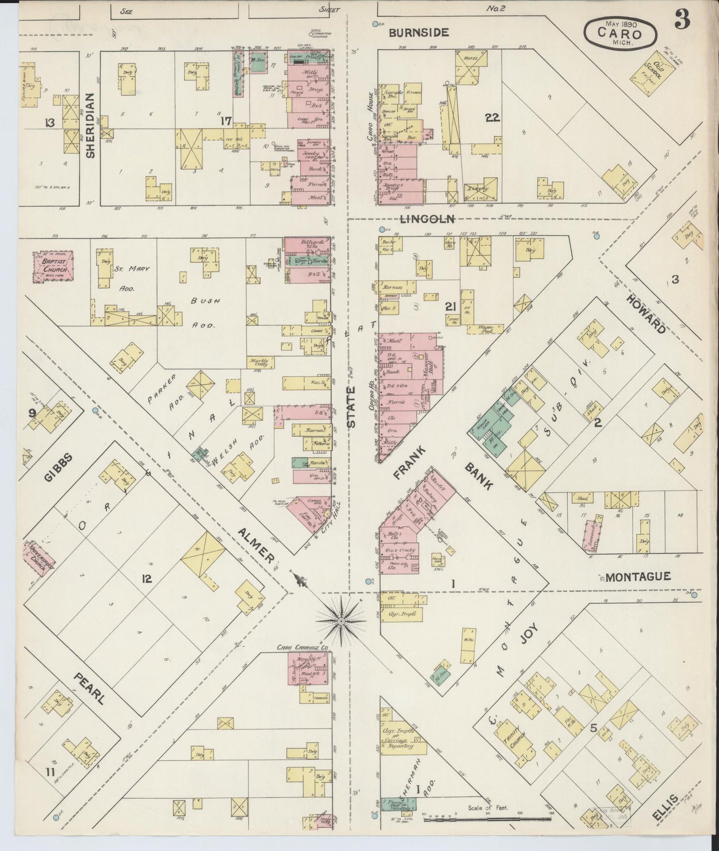 Sanborn Fire Insurance Map from Caro, Tuscola County, Michigan (1890), Sheet #0003 - Complete Map Set gallery image, historic Sanborn map, vintage wall art, Michigan Michigan