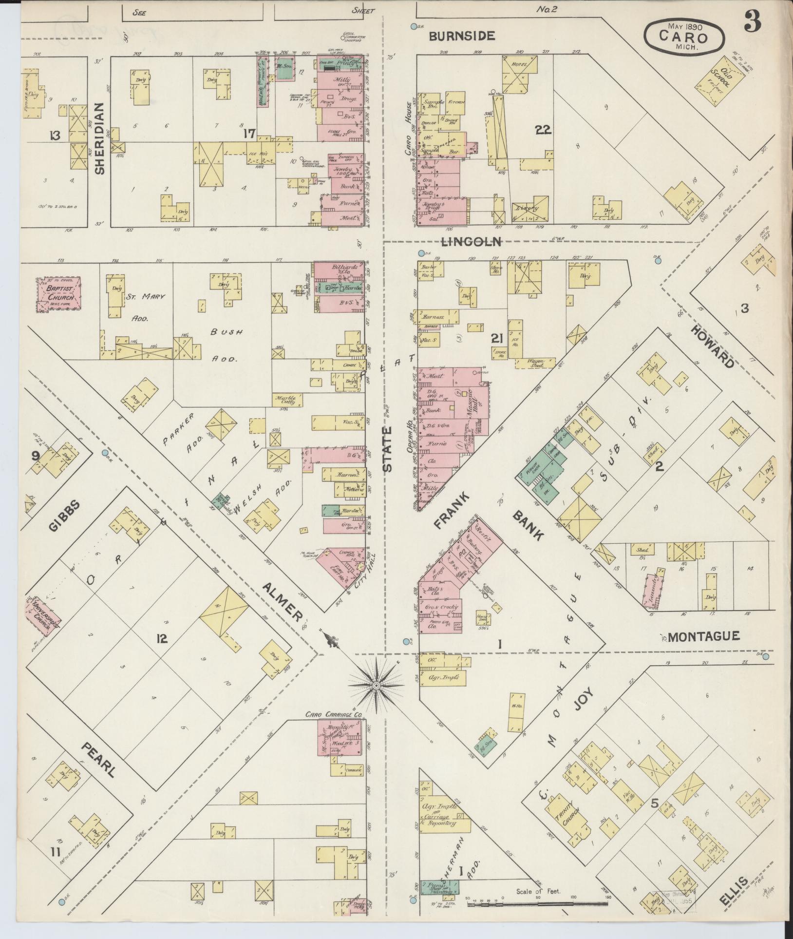 Sanborn Fire Insurance Map from Caro, Tuscola County, Michigan (1890), Sheet #0003 - Complete Map Set gallery image, historic Sanborn map, vintage wall art, Michigan Michigan