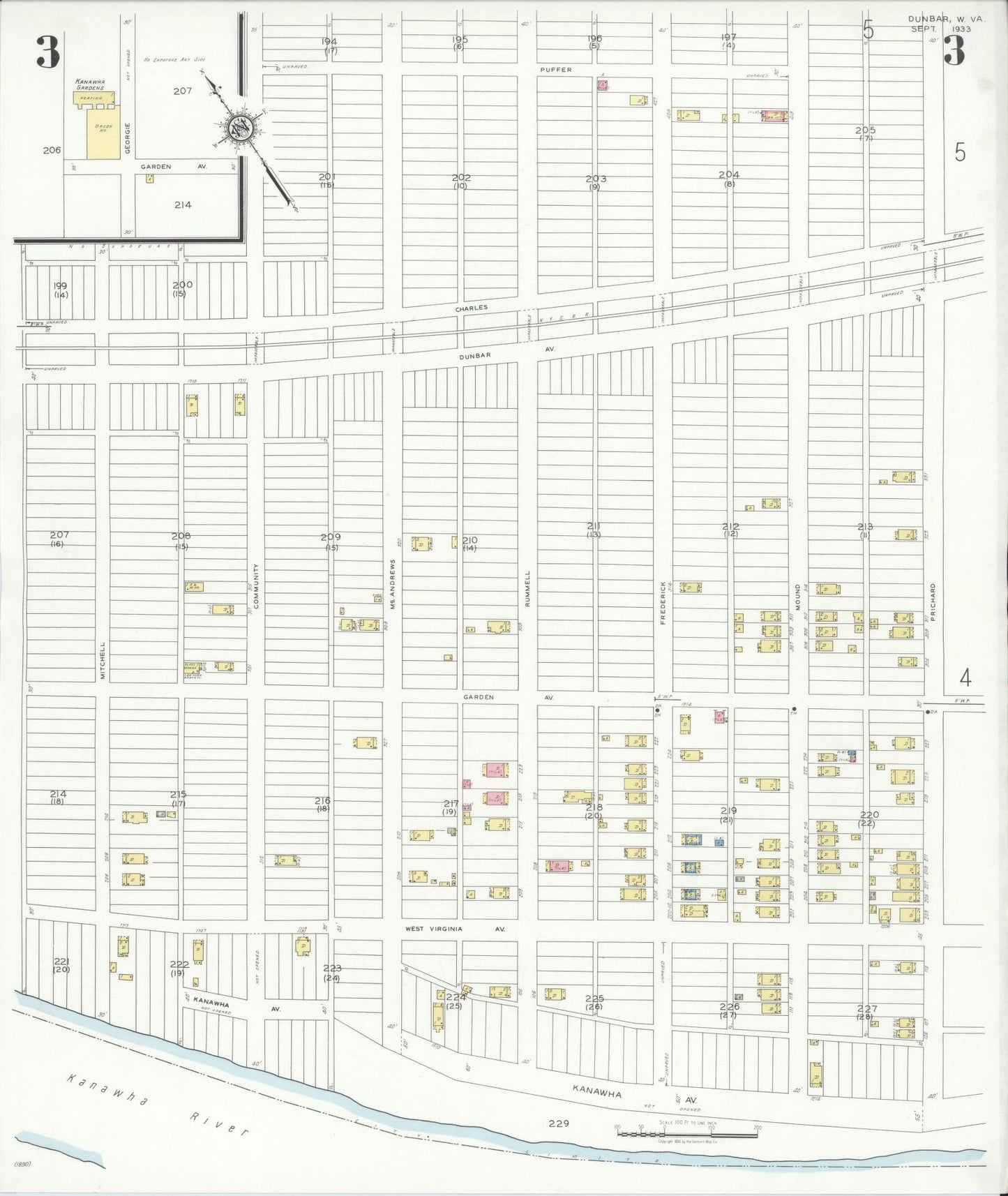 Sanborn Fire Insurance Map from Dunbar, Kanawha County, West Virginia (1933), Sheet #0003 - Historic Sanborn Fire Insurance Map Print, vintage old map wall art, antique decor, genealogy gift, West Virginia West Virginia map
