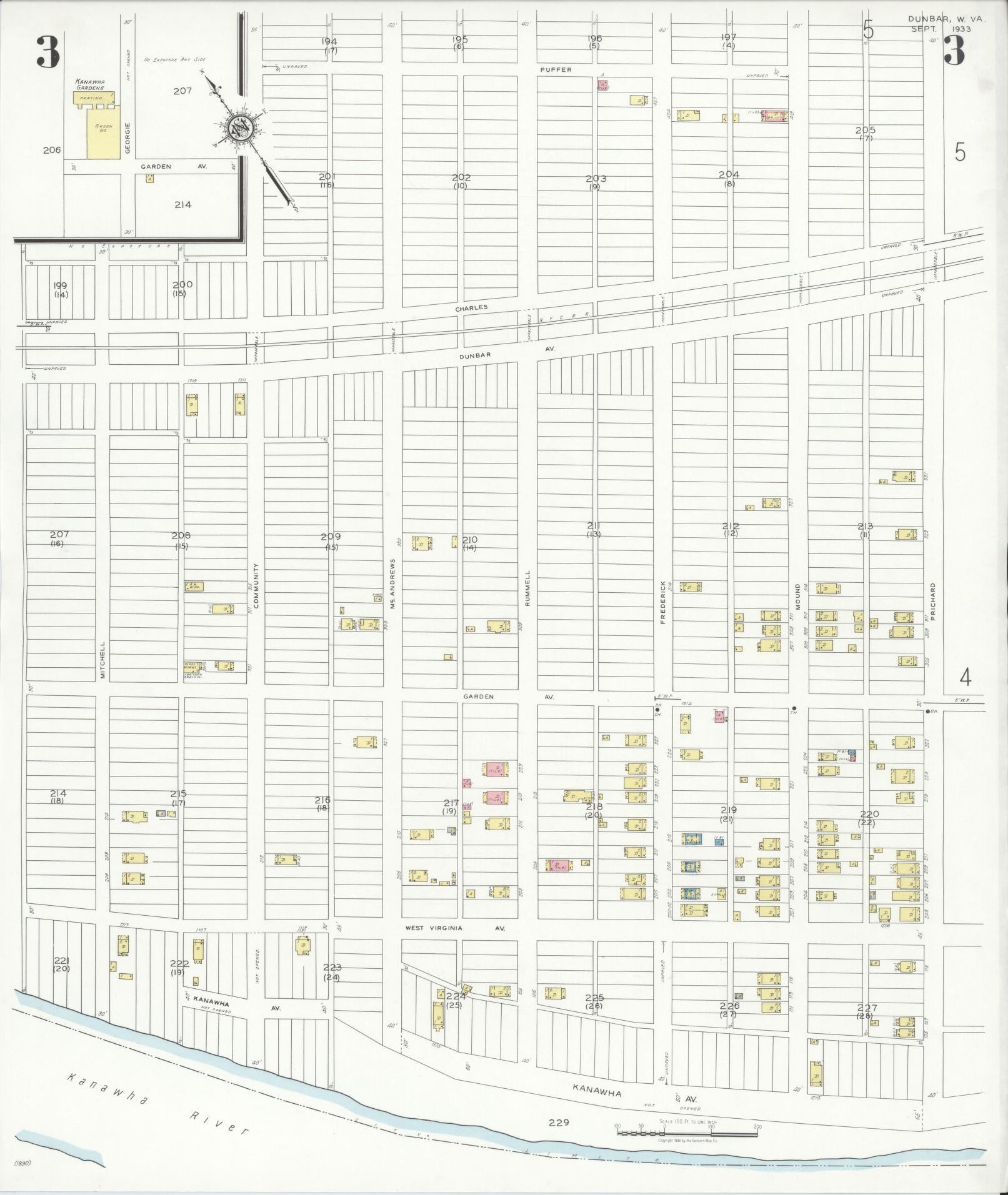 Sanborn Fire Insurance Map from Dunbar, Kanawha County, West Virginia (1933), Sheet #0003 - Historic Sanborn Fire Insurance Map Print, vintage old map wall art, antique decor, genealogy gift, West Virginia West Virginia map