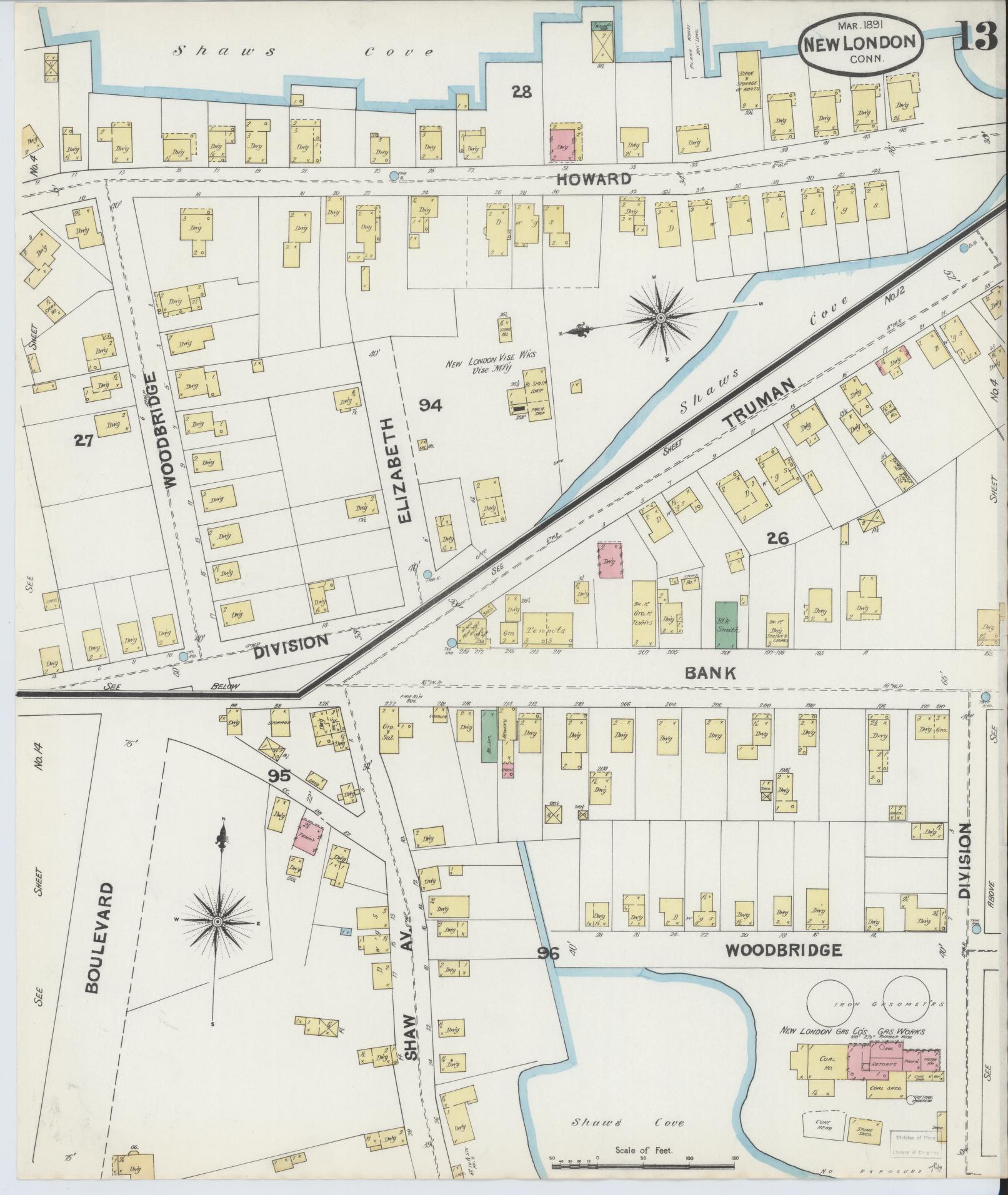 Sanborn Fire Insurance Map from New London, New London County, Connecticut (1891), Sheet #0013 - Complete Map Set gallery image, historic Sanborn map, vintage wall art, Connecticut Connecticut