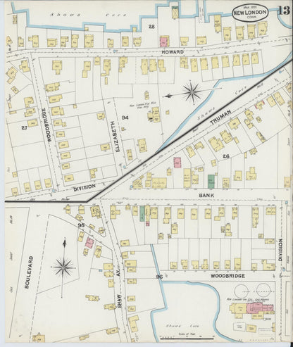 Sanborn Fire Insurance Map from New London, New London County, Connecticut (1891), Sheet #0013 - Complete Map Set gallery image, historic Sanborn map, vintage wall art, Connecticut Connecticut