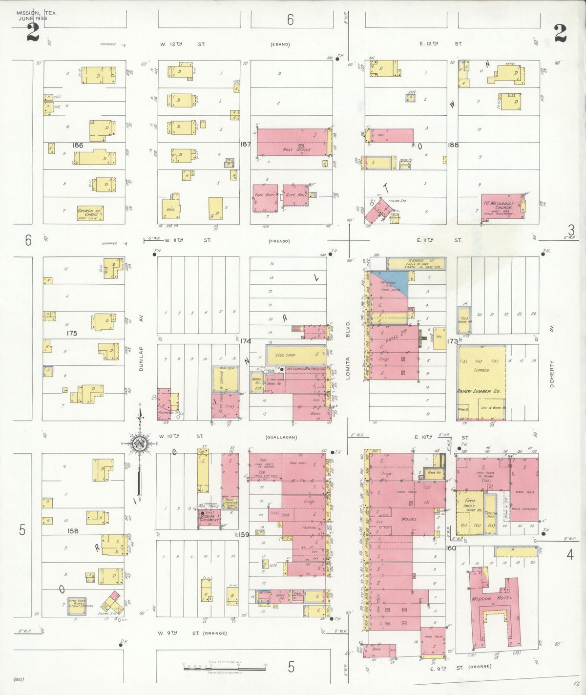Sanborn Fire Insurance Map from Mission, Hidalgo County, Texas (1933), Sheet #0002 - Complete Map Set gallery image, historic Sanborn map, vintage wall art, Texas Texas