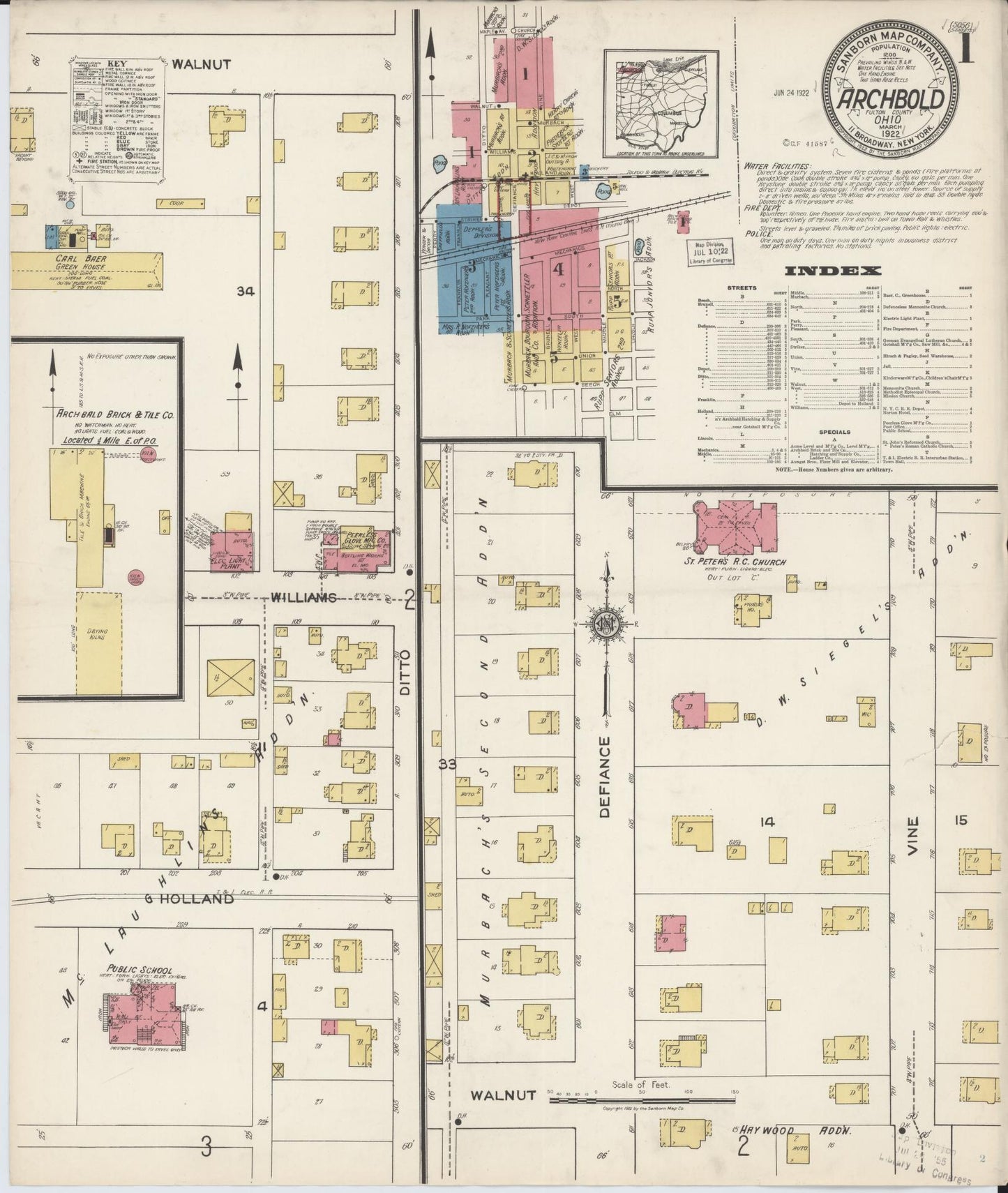 Sanborn Fire Insurance Map from Archbold, Fulton County, Ohio (1922), Sheet #0001 - Historic Sanborn Fire Insurance Map Print, vintage old map wall art, antique decor, genealogy gift, Ohio Ohio map