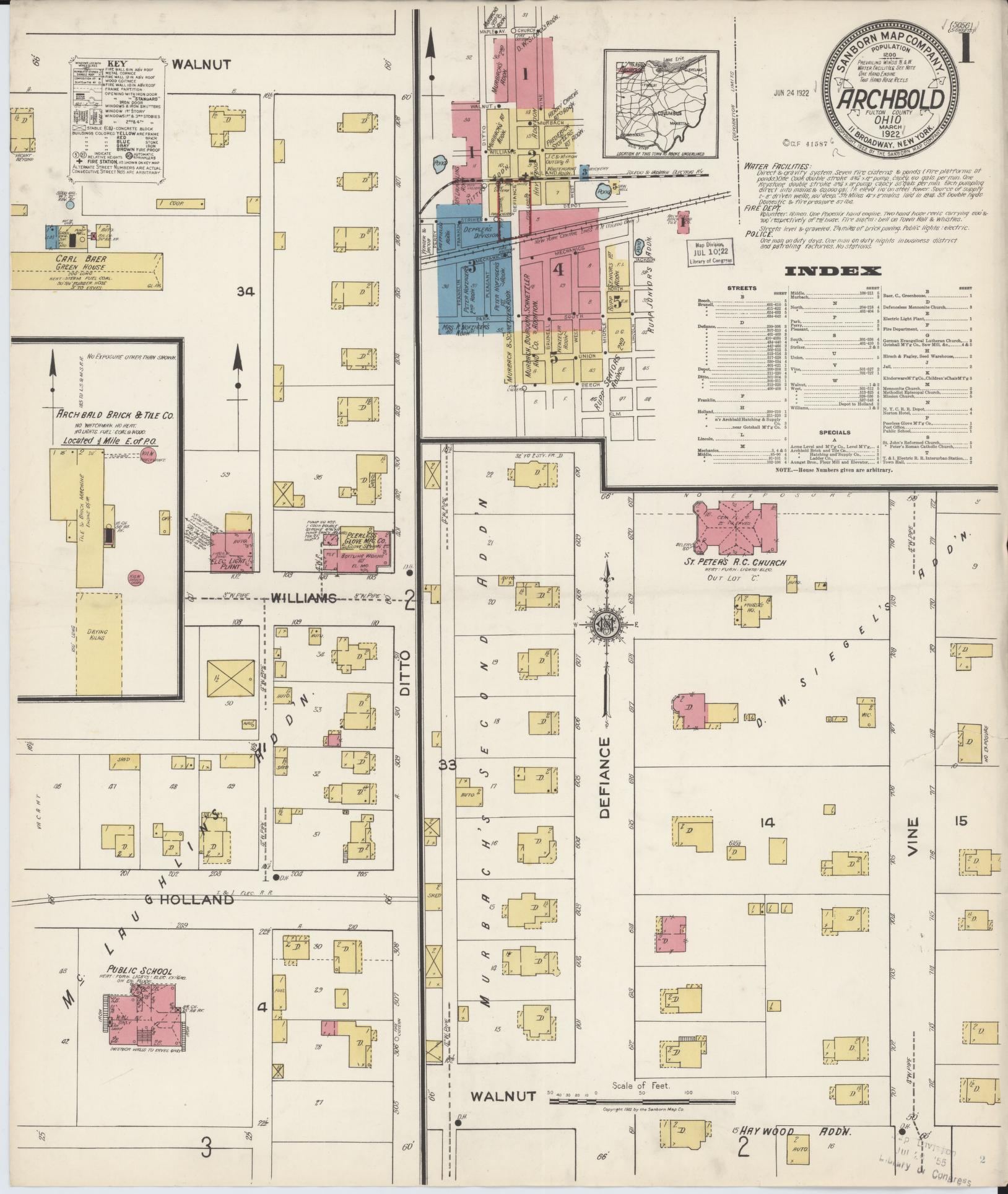 Sanborn Fire Insurance Map from Archbold, Fulton County, Ohio (1922), Sheet #0001 - Historic Sanborn Fire Insurance Map Print, vintage old map wall art, antique decor, genealogy gift, Ohio Ohio map
