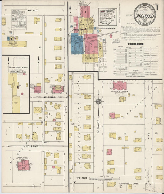 Sanborn Fire Insurance Map from Archbold, Fulton County, Ohio (1922), Sheet #0001 - Historic Sanborn Fire Insurance Map Print, vintage old map wall art, antique decor, genealogy gift, Ohio Ohio map