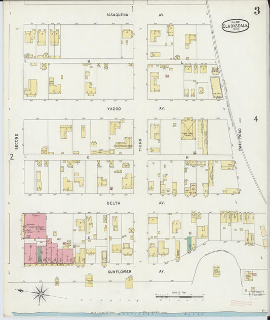 Sanborn Fire Insurance Map from Clarksdale, Coahoma County, Mississippi (1897), Sheet #0003 - Historic Sanborn Fire Insurance Map Print, vintage old map wall art, antique decor, genealogy gift, Mississippi Mississippi map