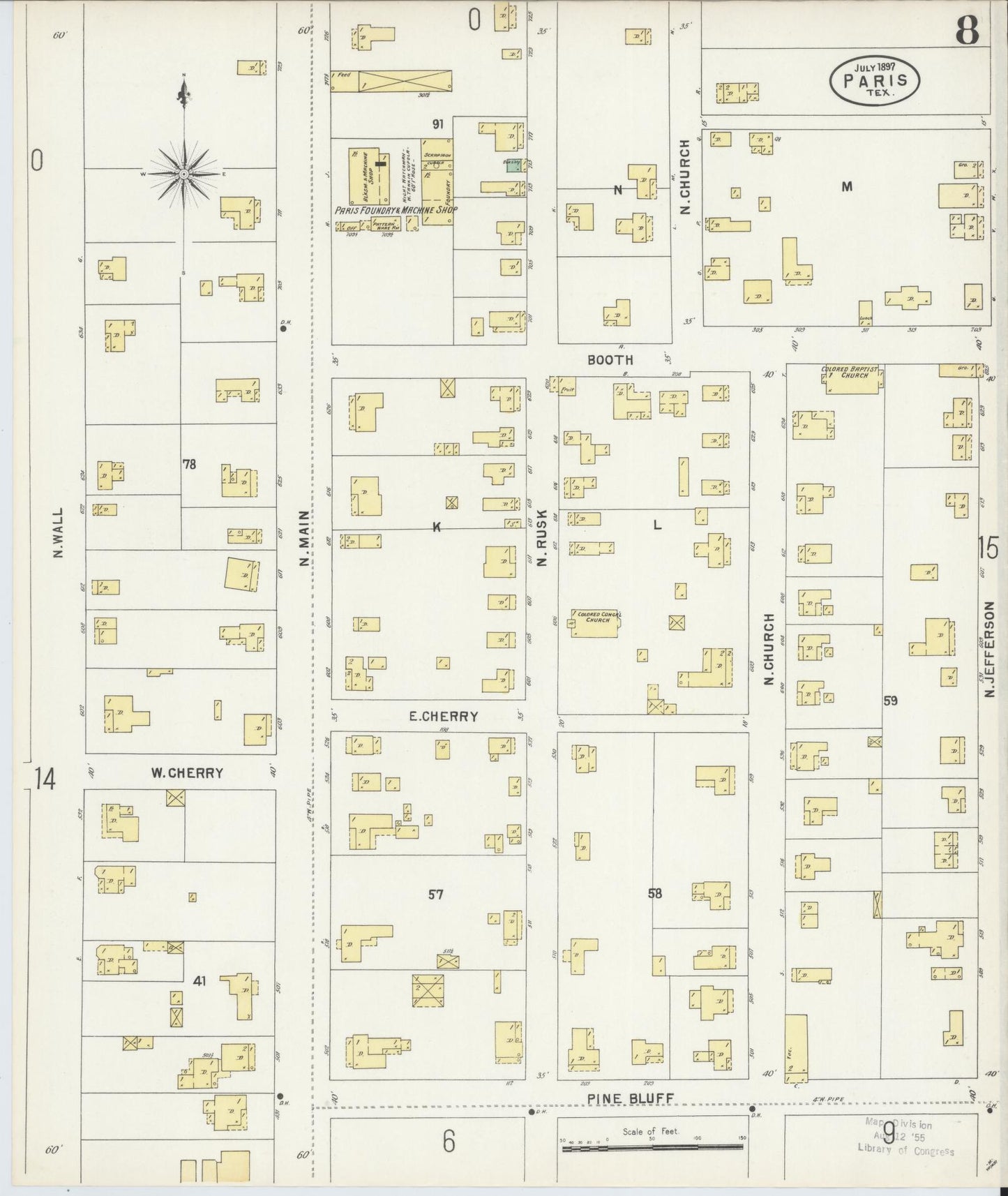 Sanborn Fire Insurance Map from Paris, Lamar County, Texas (1897), Sheet #0008 - Historic Sanborn Fire Insurance Map Print, vintage old map wall art, antique decor, genealogy gift, Texas Texas map