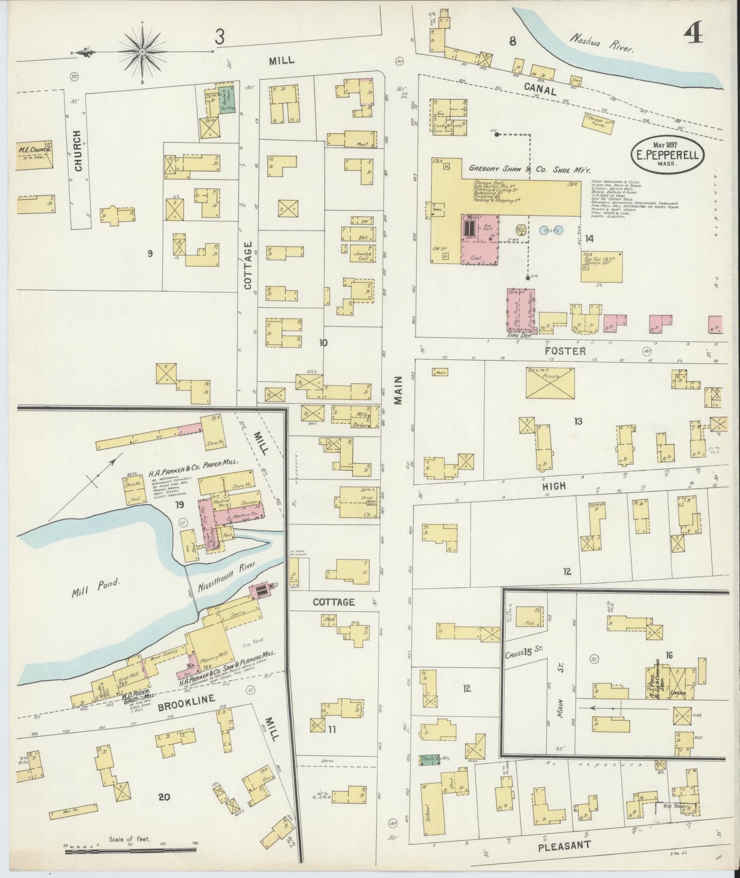 Sanborn Fire Insurance Map from East Pepperell, Middlesex County, Massachusetts (1897), Sheet #0004 - Historic Sanborn Fire Insurance Map Print, vintage old map wall art, antique decor, genealogy gift, Massachusetts Massachusetts map