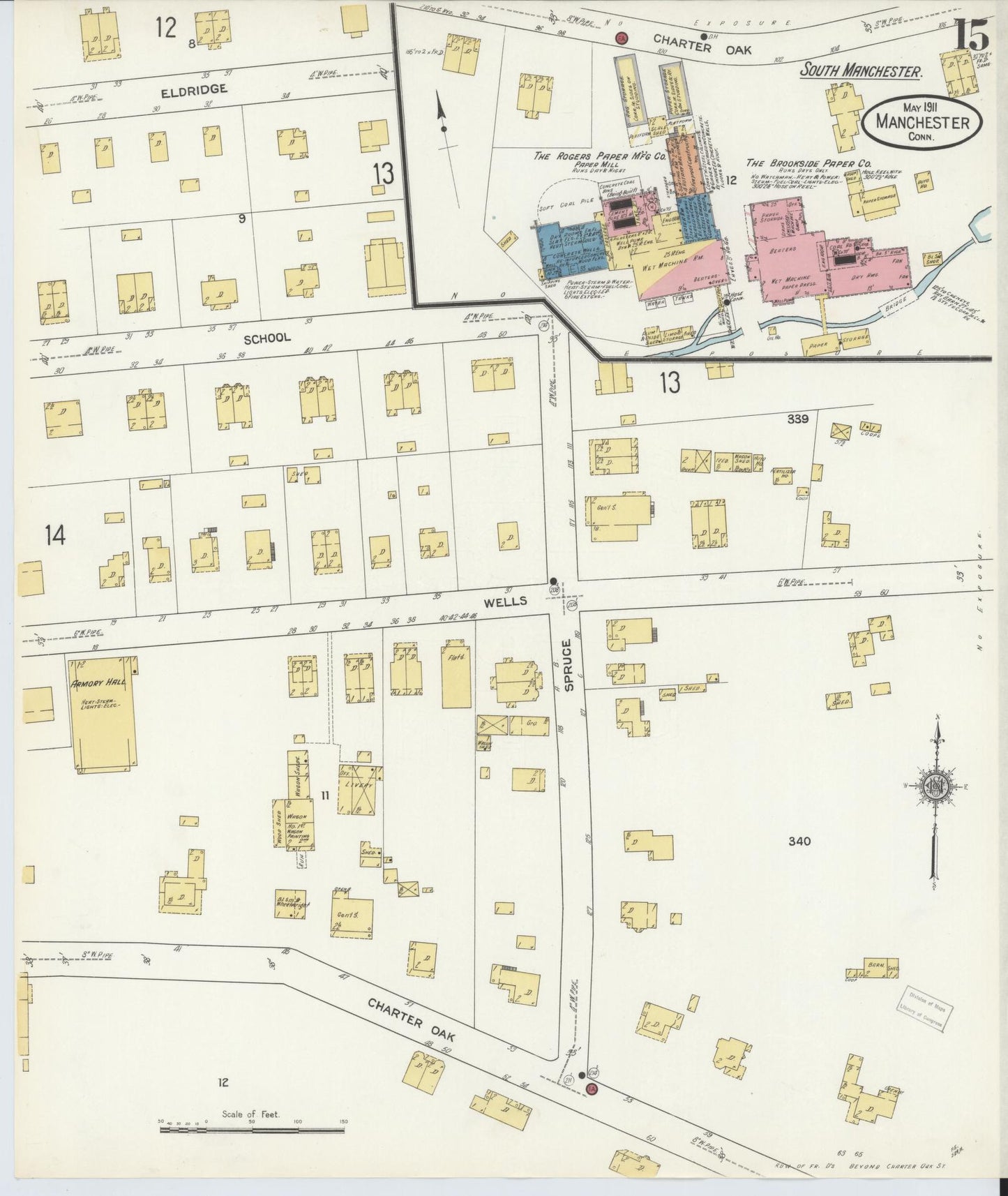 Sanborn Fire Insurance Map from Manchester, Hartford County, Connecticut (1911), Sheet #0015 - Historic Sanborn Fire Insurance Map Print, vintage old map wall art, antique decor, genealogy gift, Connecticut Connecticut map