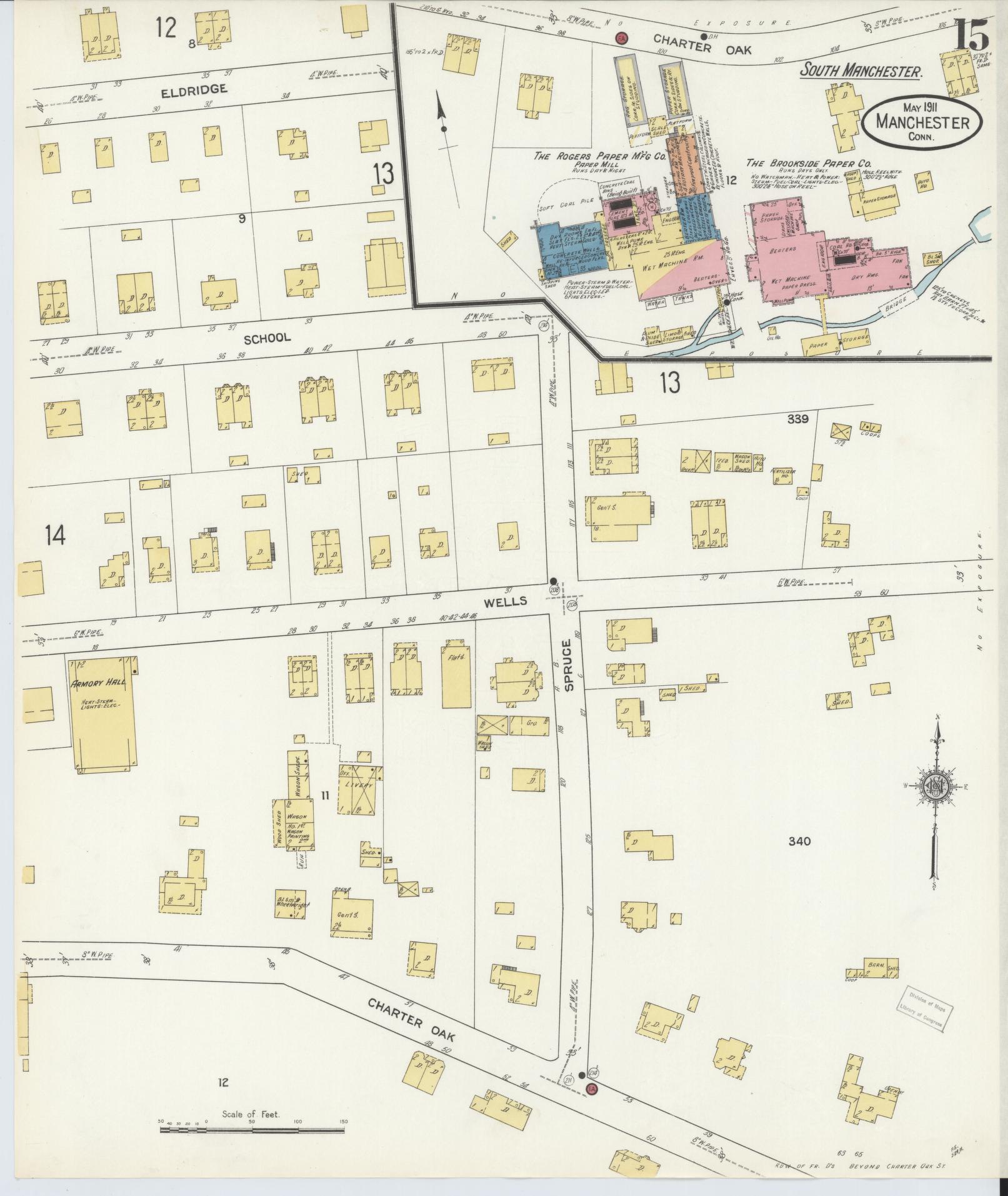 Sanborn Fire Insurance Map from Manchester, Hartford County, Connecticut (1911), Sheet #0015 - Historic Sanborn Fire Insurance Map Print, vintage old map wall art, antique decor, genealogy gift, Connecticut Connecticut map