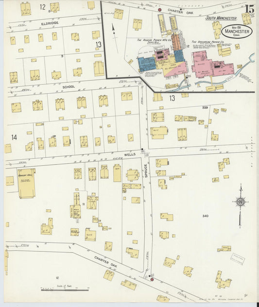 Sanborn Fire Insurance Map from Manchester, Hartford County, Connecticut (1911), Sheet #0015 - Historic Sanborn Fire Insurance Map Print, vintage old map wall art, antique decor, genealogy gift, Connecticut Connecticut map
