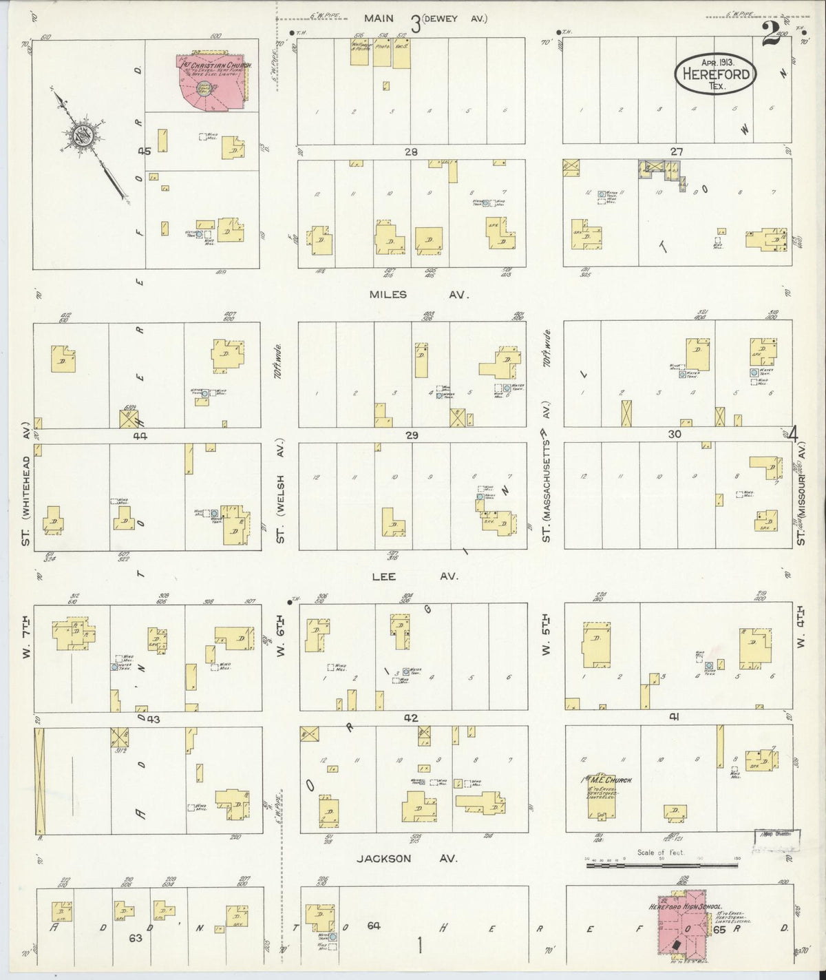 Sanborn Fire Insurance Map from Hereford, Deaf Smith County, Texas (1913), Sheet #0002 - Historic Sanborn Fire Insurance Map Print, vintage old map wall art, antique decor, genealogy gift, Texas Texas map