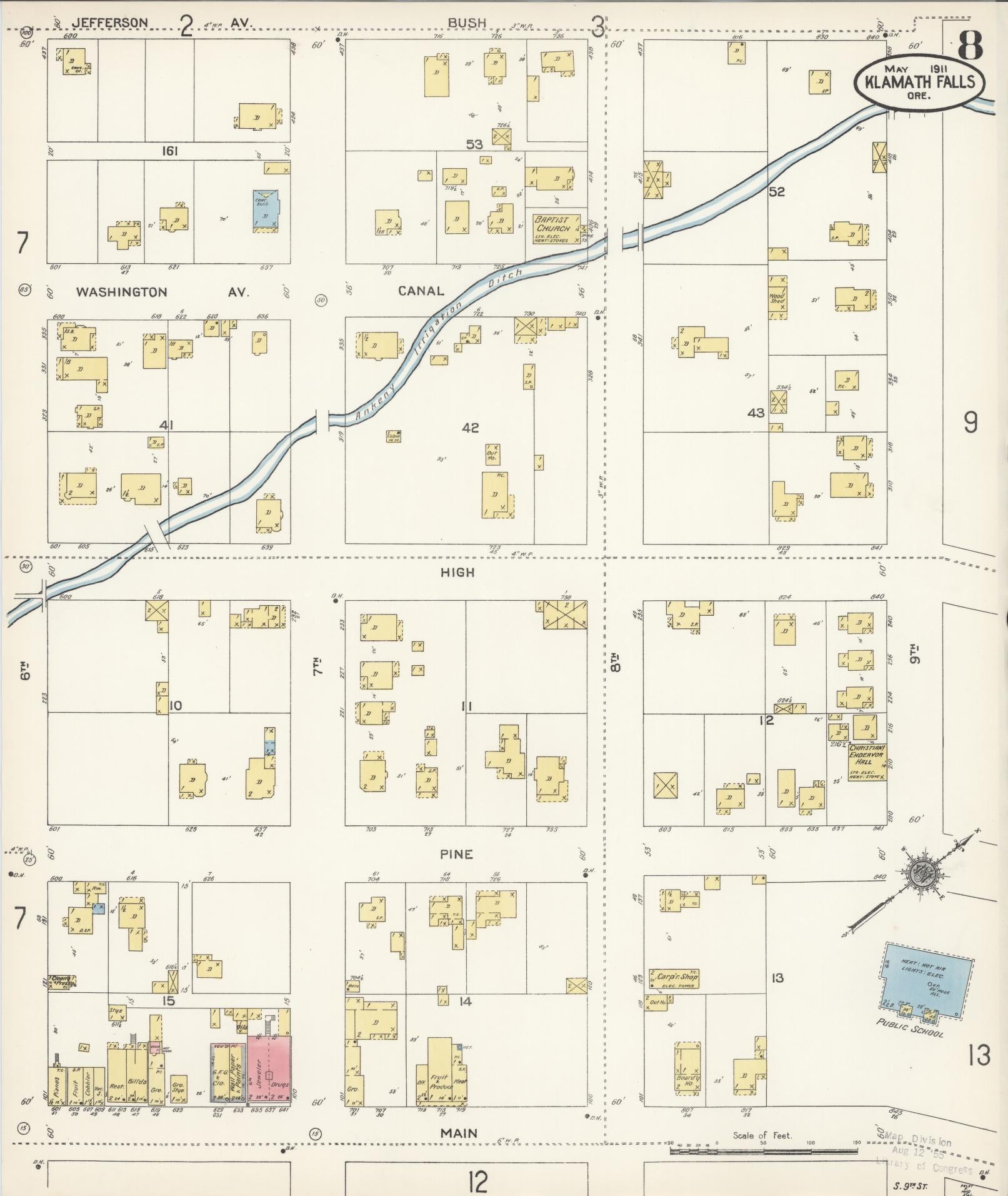 Sanborn Fire Insurance Map from Klamath Falls, Klamath County, Oregon (1911), Sheet #0008 - Historic Sanborn Fire Insurance Map Print, vintage old map wall art, antique decor, genealogy gift, Oregon Oregon map