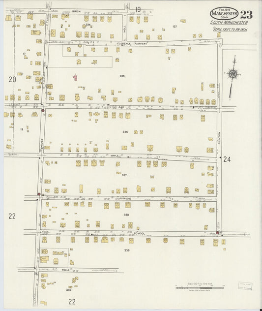 Sanborn Fire Insurance Map from Manchester, Hartford County, Connecticut (1919), Sheet #0023 - Historic Sanborn Fire Insurance Map Print, vintage old map wall art, antique decor, genealogy gift, Connecticut Connecticut map
