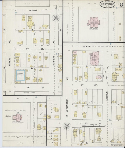 Sanborn Fire Insurance Map from Hastings, Adams County, Nebraska (1889), Sheet #0008 - Historic Sanborn Fire Insurance Map Print, vintage old map wall art, antique decor, genealogy gift, Nebraska Nebraska map