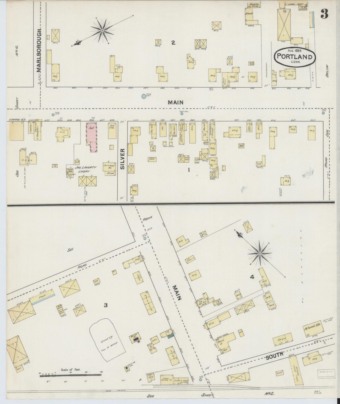Sanborn Fire Insurance Map from Portland, Middlesex County, Connecticut (1889), Sheet #0003 - Historic Sanborn Fire Insurance Map Print, vintage old map wall art, antique decor, genealogy gift, Connecticut Connecticut map