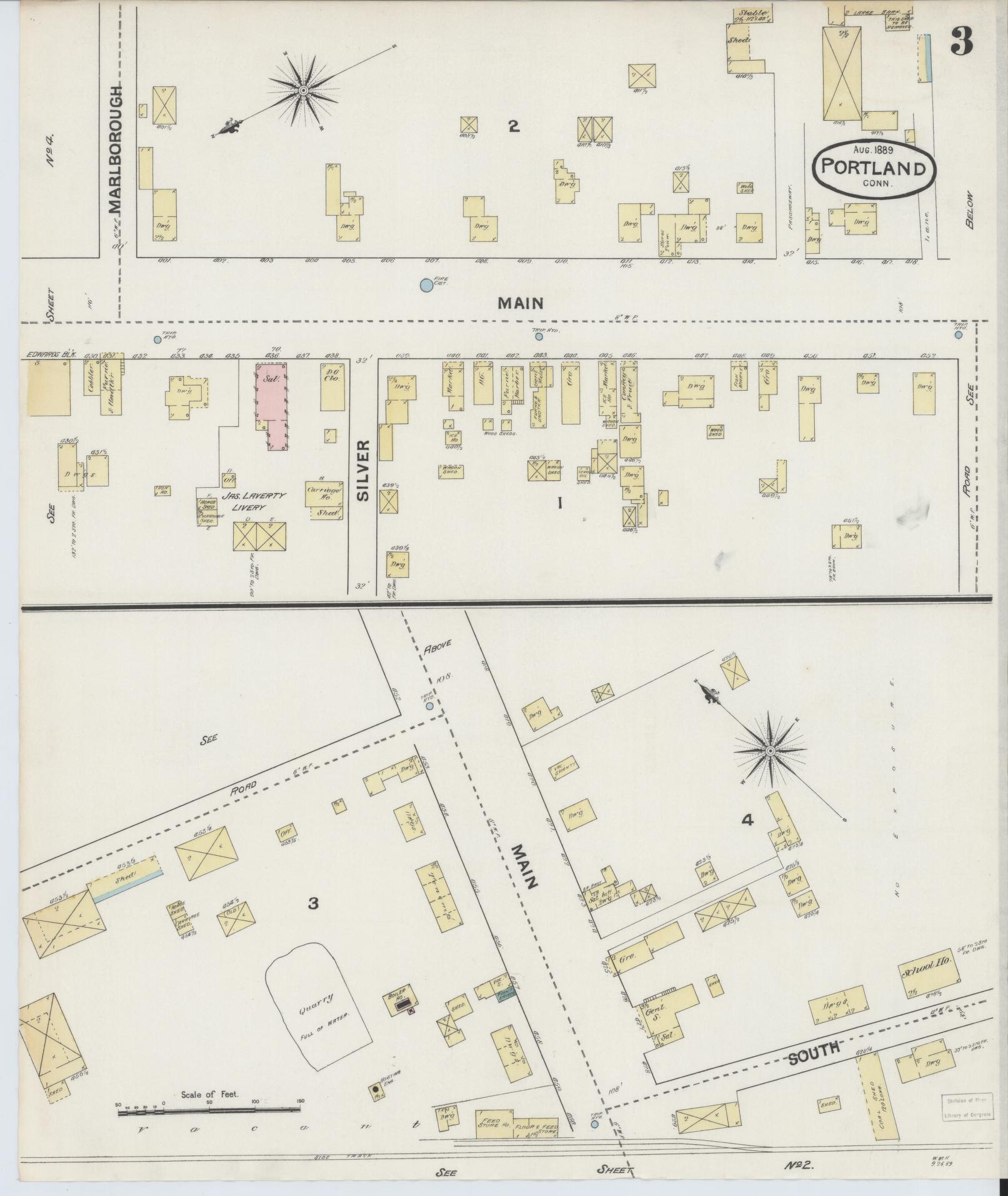 Sanborn Fire Insurance Map from Portland, Middlesex County, Connecticut (1889), Sheet #0003 - Historic Sanborn Fire Insurance Map Print, vintage old map wall art, antique decor, genealogy gift, Connecticut Connecticut map