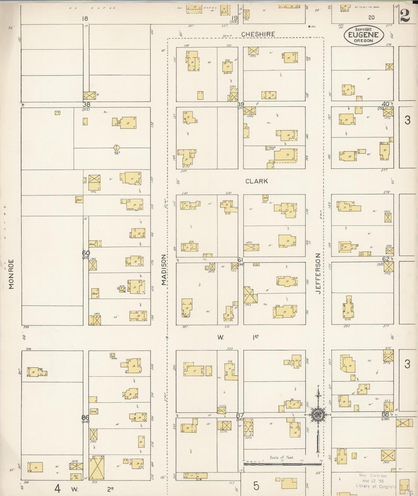 Sanborn Fire Insurance Map from Eugene, Lane County, Oregon (1912), Sheet #0002 - Complete Map Set gallery image, historic Sanborn map, vintage wall art, Oregon Oregon