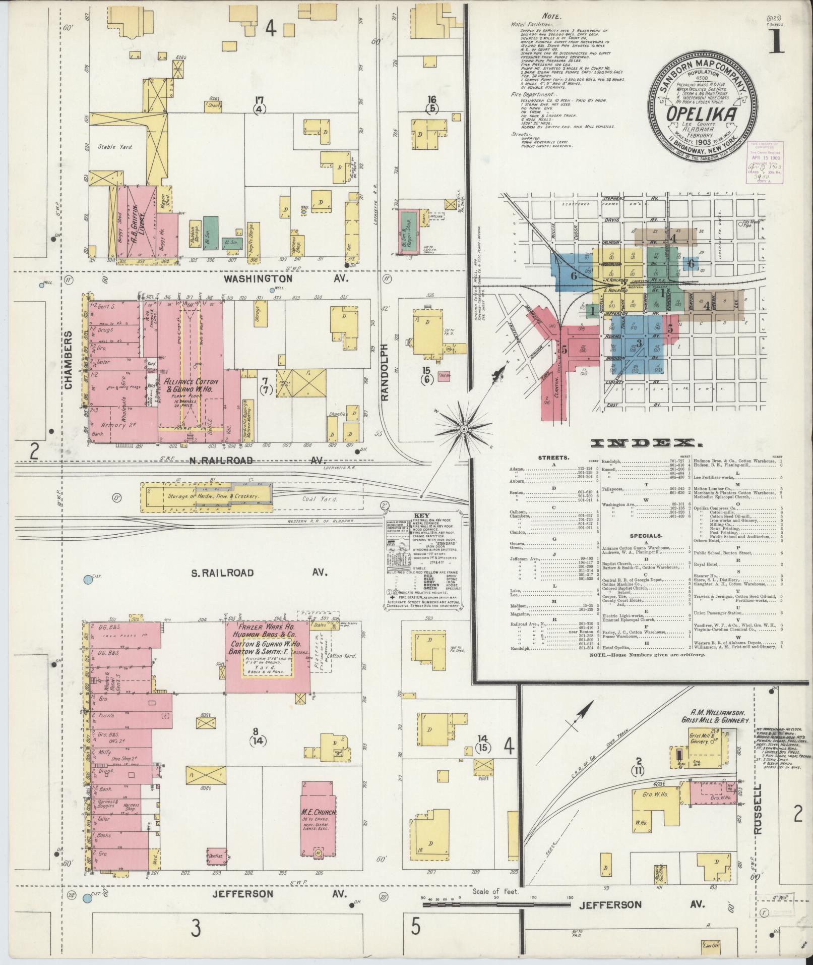 Sanborn Fire Insurance Map from Opelika, Lee County, Alabama (1903), Sheet #0001 - Historic Sanborn Fire Insurance Map Print, vintage old map wall art, antique decor, genealogy gift, Alabama Alabama map