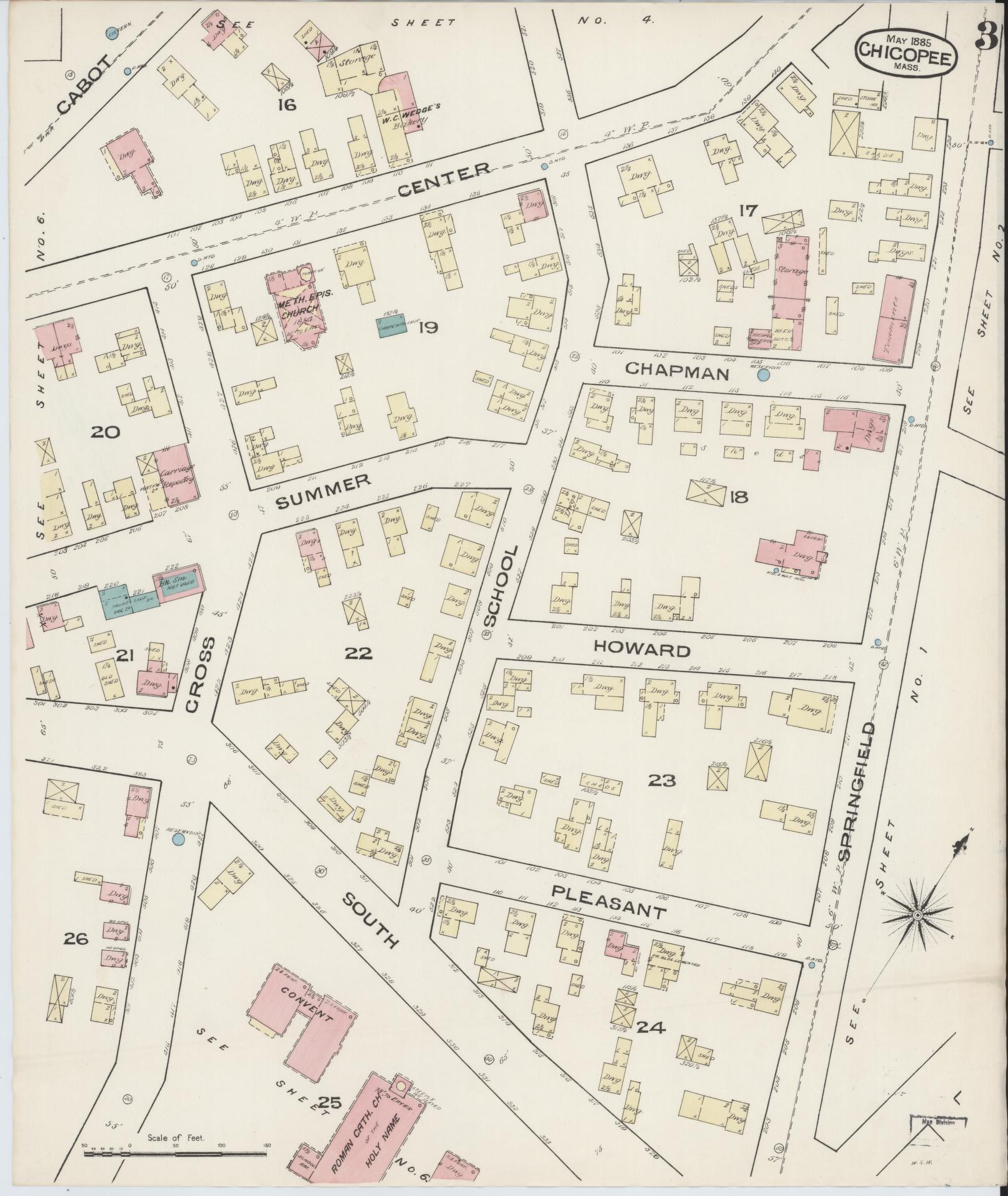 Sanborn Fire Insurance Map from Chicopee, Hampden County, Massachusetts (1885), Sheet #0003 - Historic Sanborn Fire Insurance Map Print, vintage old map wall art, antique decor, genealogy gift, Massachusetts Massachusetts map