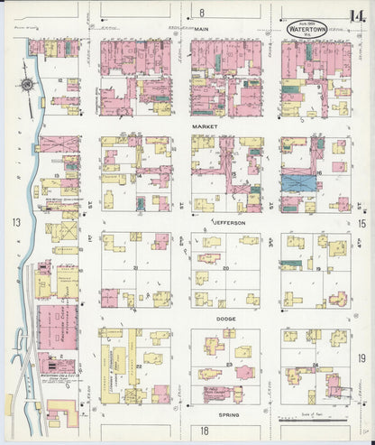 Sanborn Fire Insurance Map from Watertown, Jefferson County, Wisconsin (1909), Sheet #0014 - Historic Sanborn Fire Insurance Map Print, vintage old map wall art, antique decor, genealogy gift, Wisconsin Wisconsin map